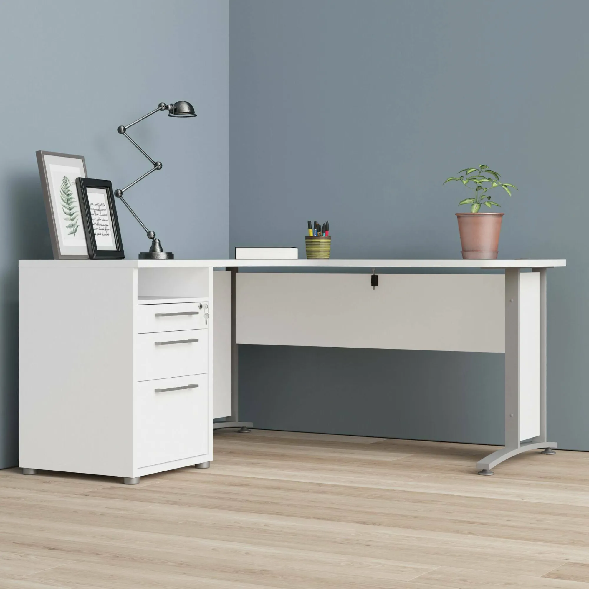 Scrivania Dsesi, 151x159 h75 cm, Bianco e Grigio<Dmora Discount