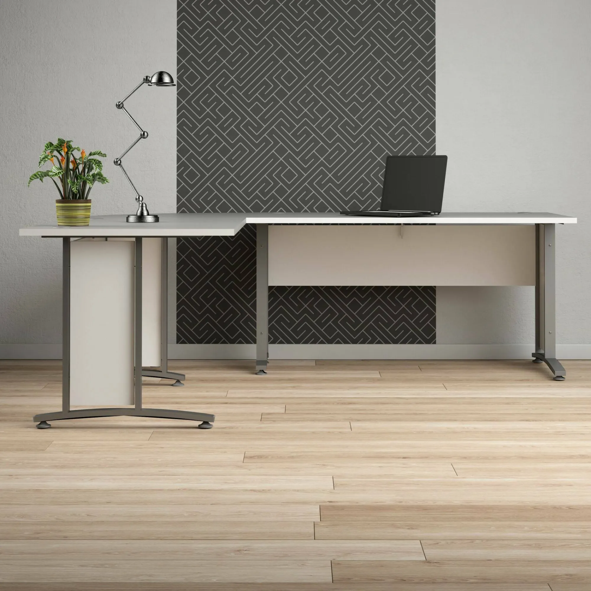 Scrivania Dsoumaor, 200x230 h75 cm, Bianco e Grigio<Dmora New