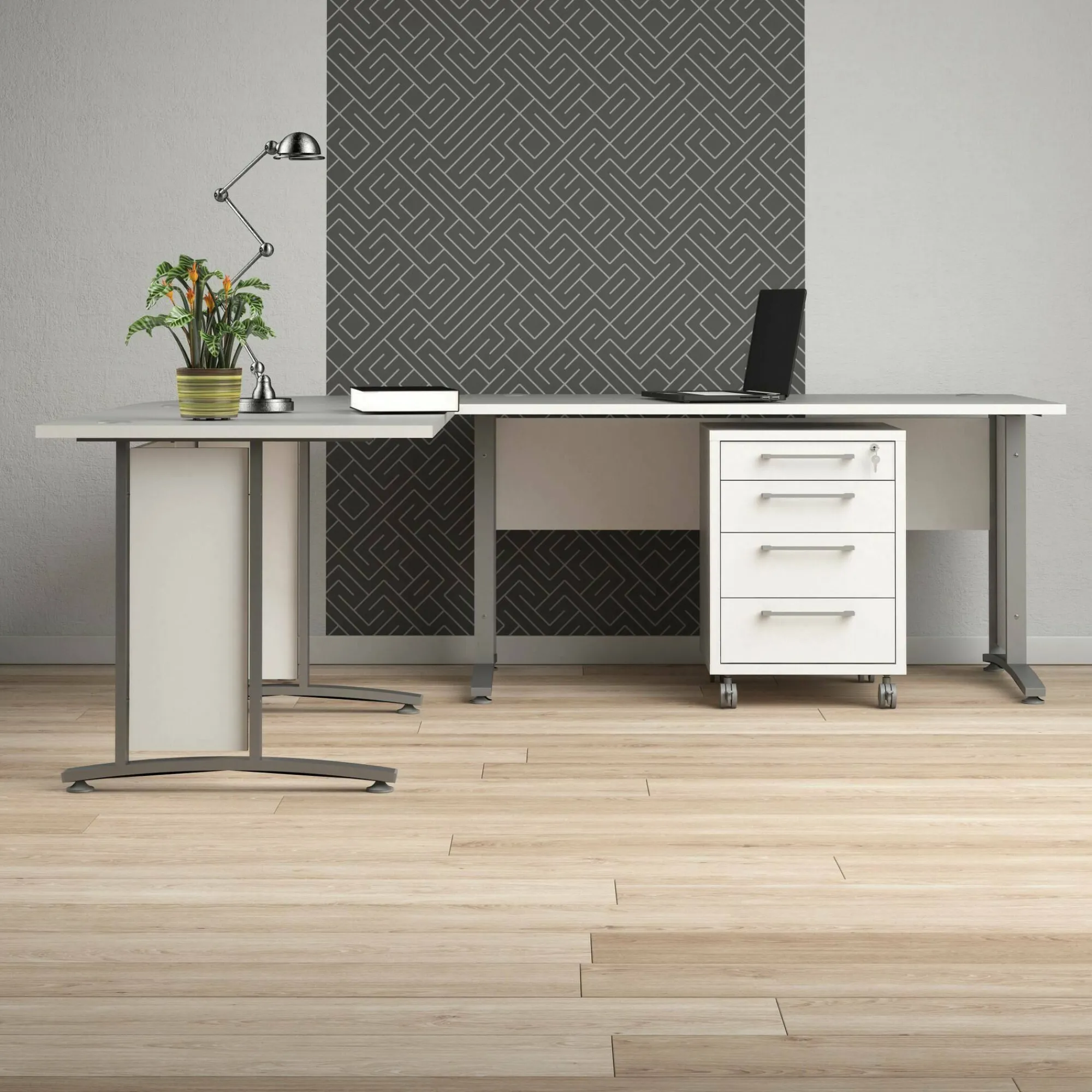 Scrivania Dtardiol, 200x230 h75 cm, Bianco e Grigio<Dmora Store