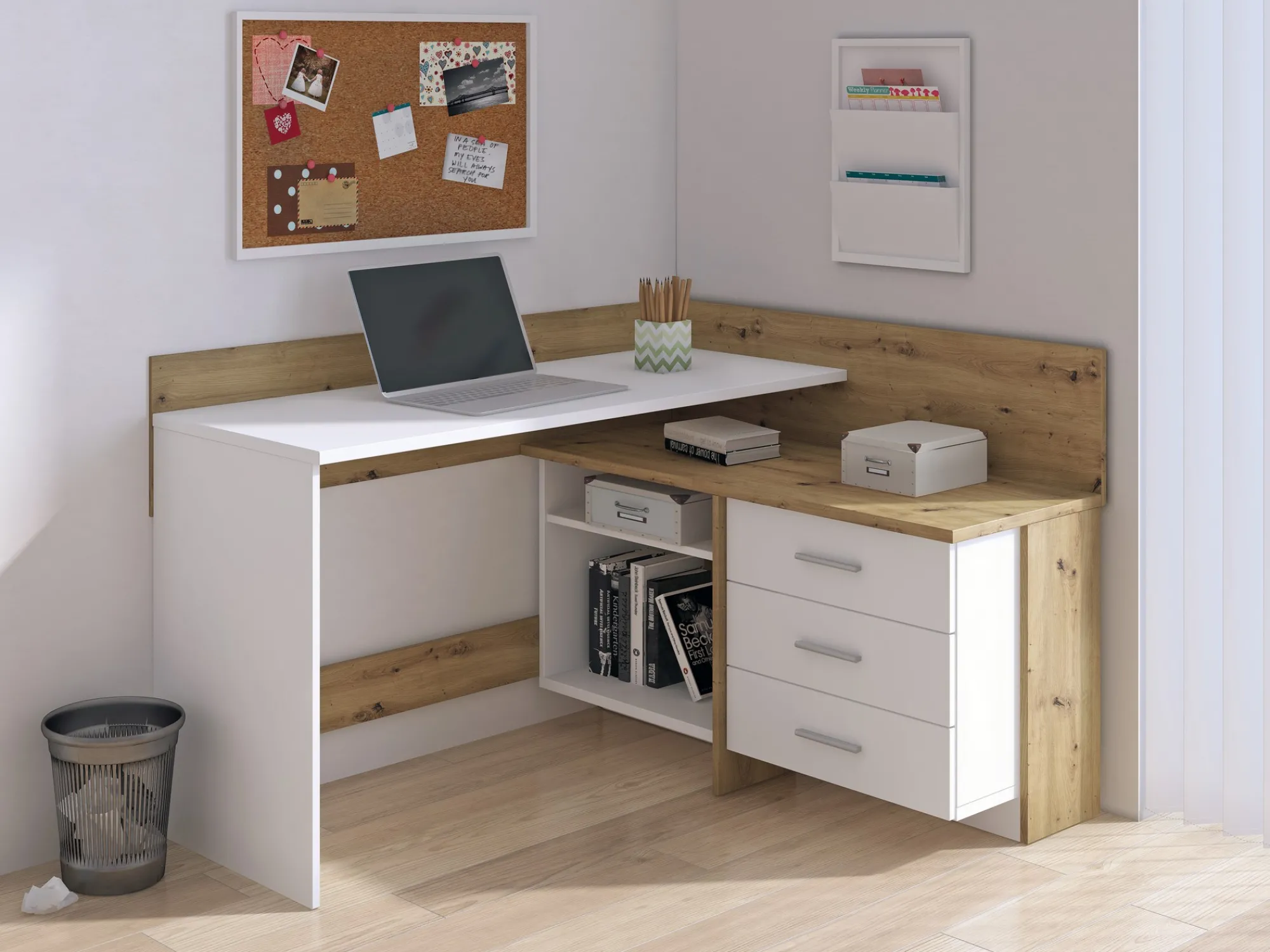 Scrivania Elsa, 130x112h82 cm, Bianco e Rovere Nodi<Dmora Clearance