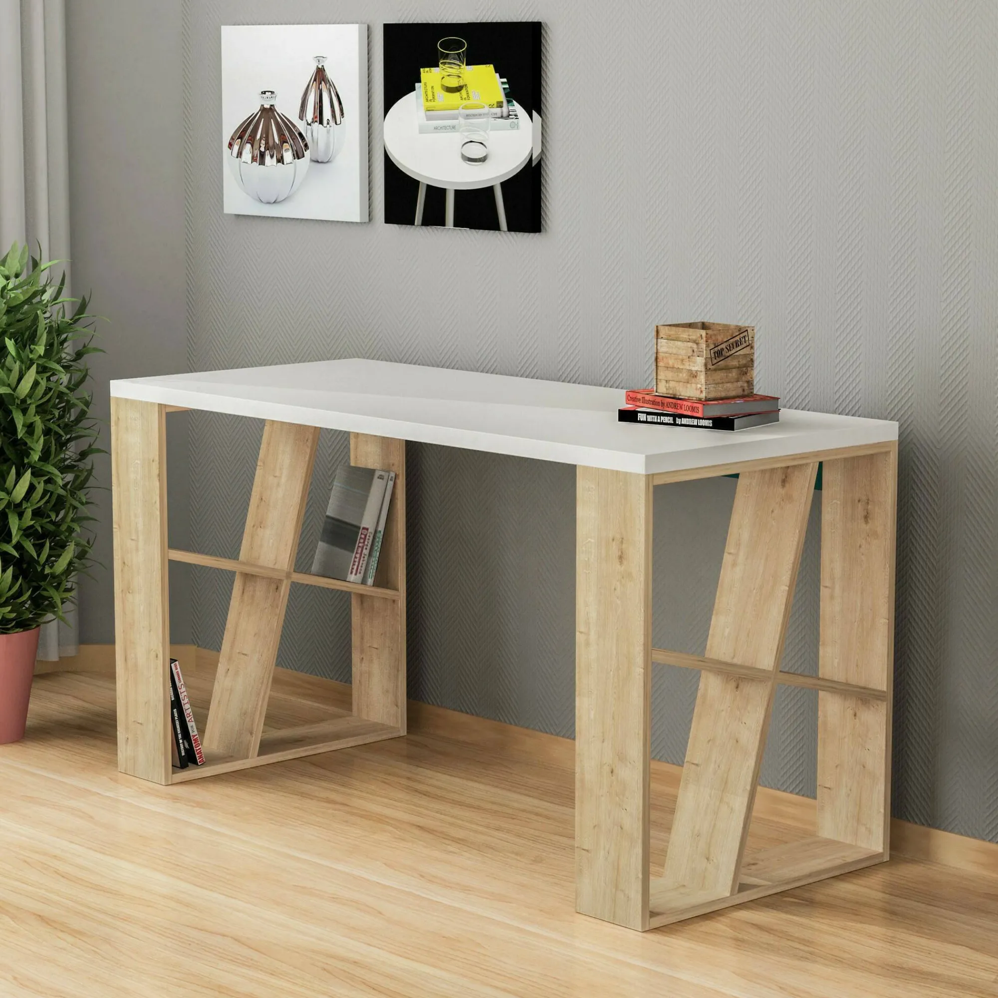 Scrivania Ernestina, 140x60h75 cm, Bianco e Rovere<Dmora Best Sale