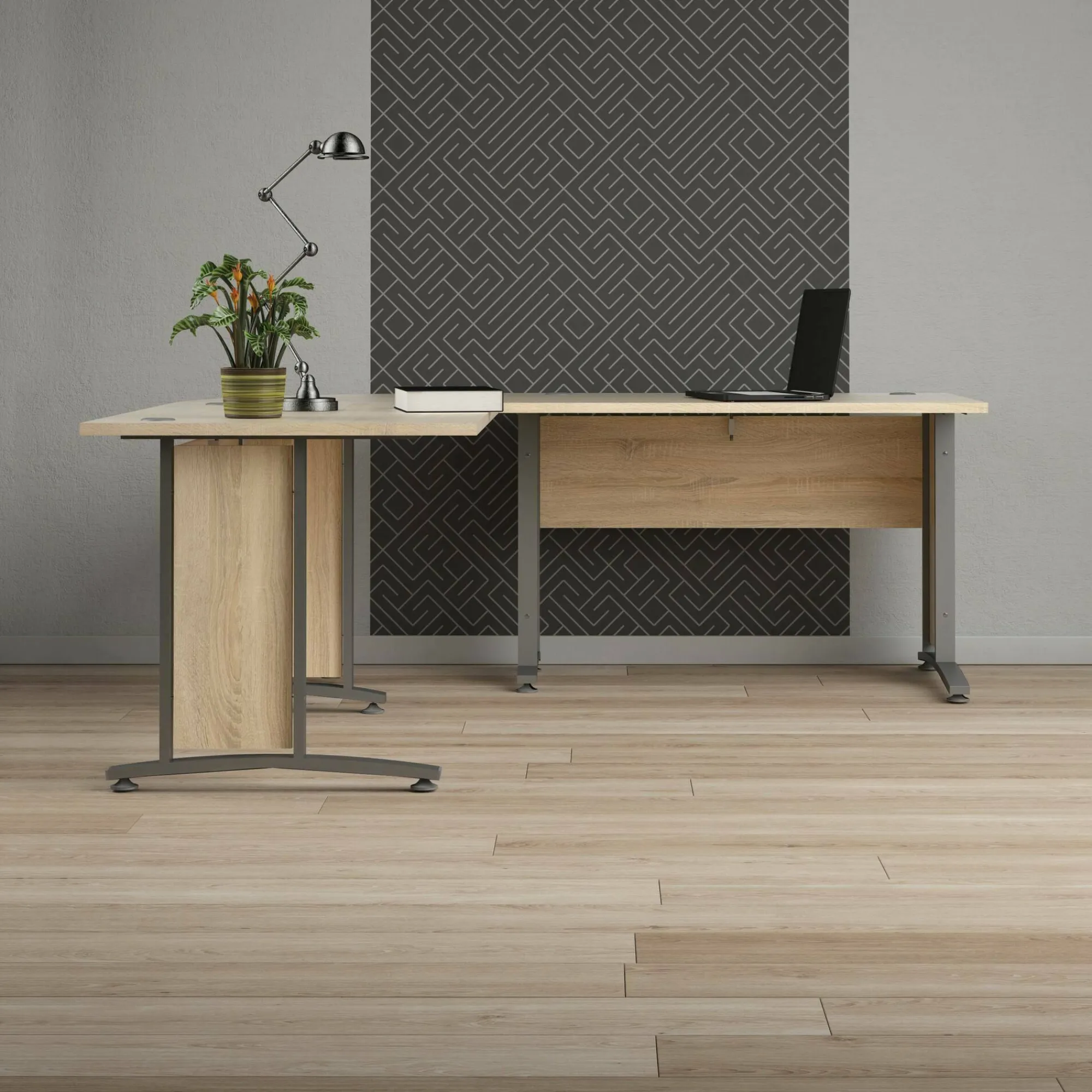 Scrivania Heling, 200x200 h75 cm, Grigio e Quercia<Dmora Online