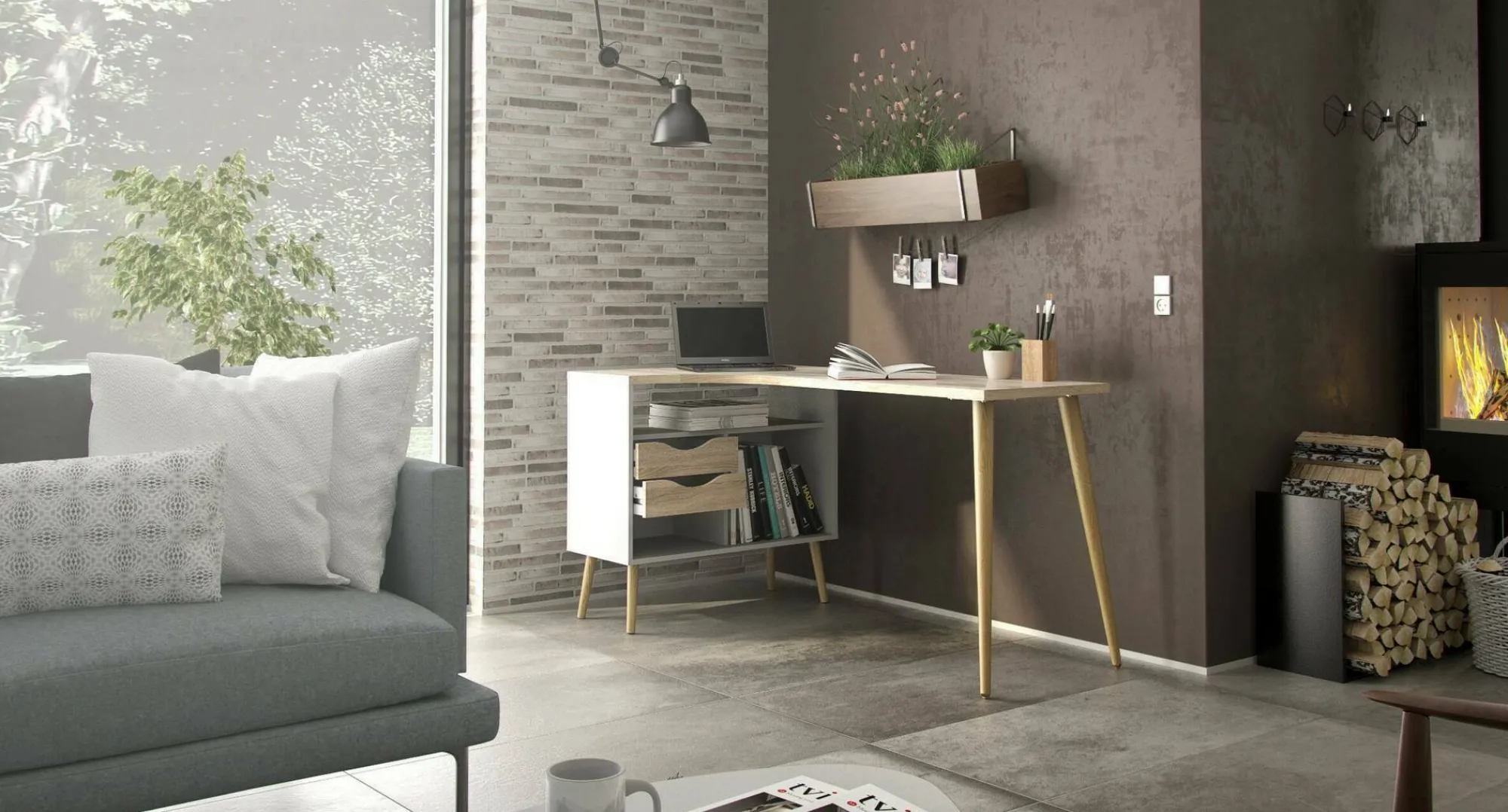 Scrivania Katherine, 145x81 h76 cm, Bianco e Quercia<Dmora New