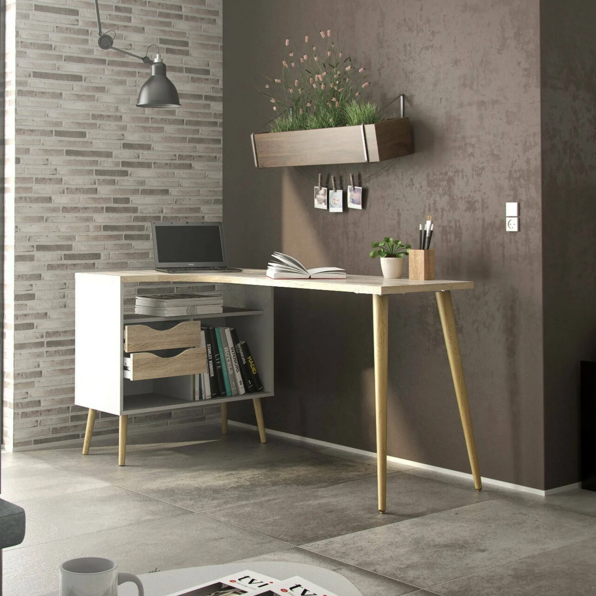 Scrivania Katherine, 145x81 h76 cm, Bianco e Quercia<Dmora New