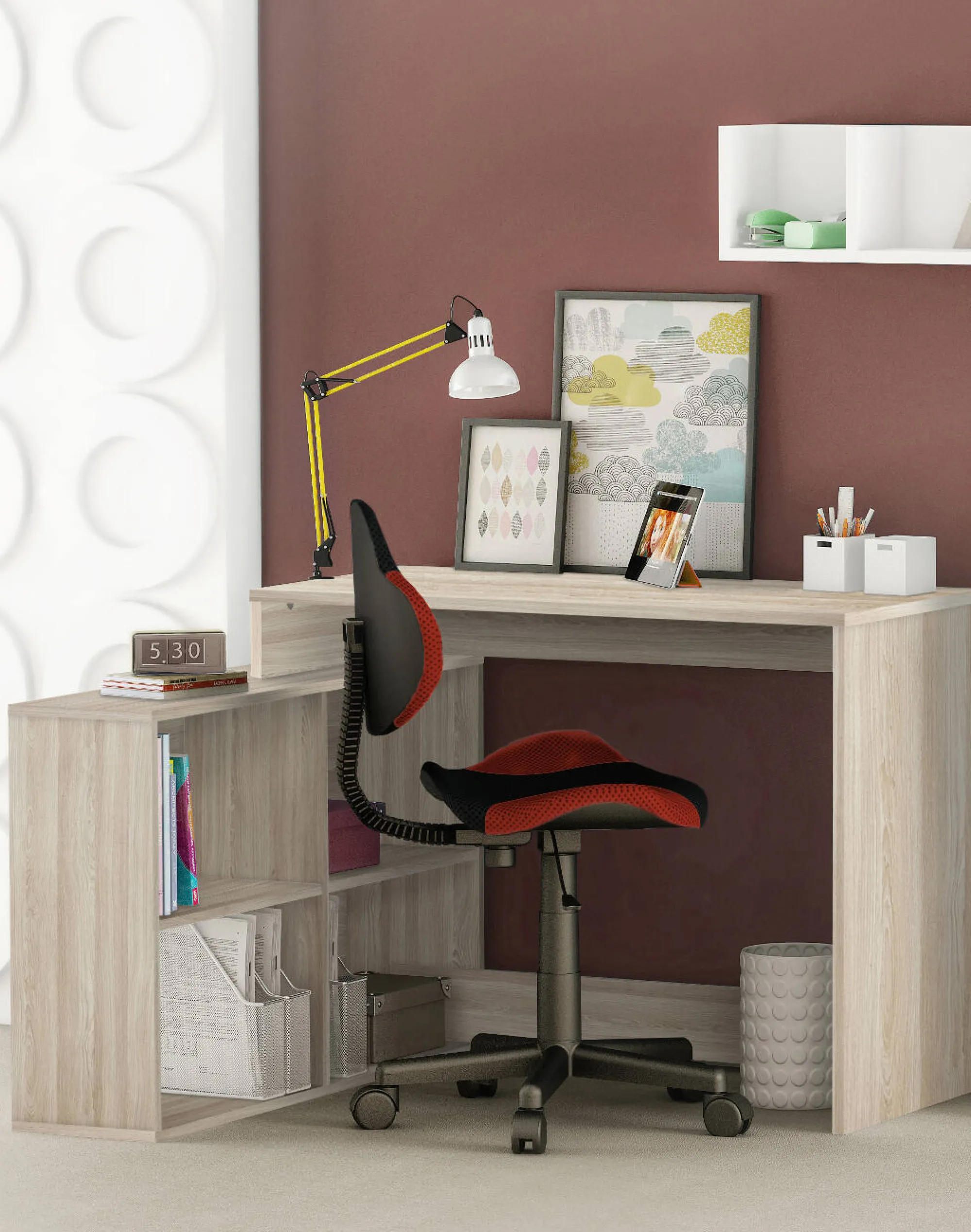 Scrivania Kyarr, 112x101 h77 cm, Rovere e Bianco<Dmora New