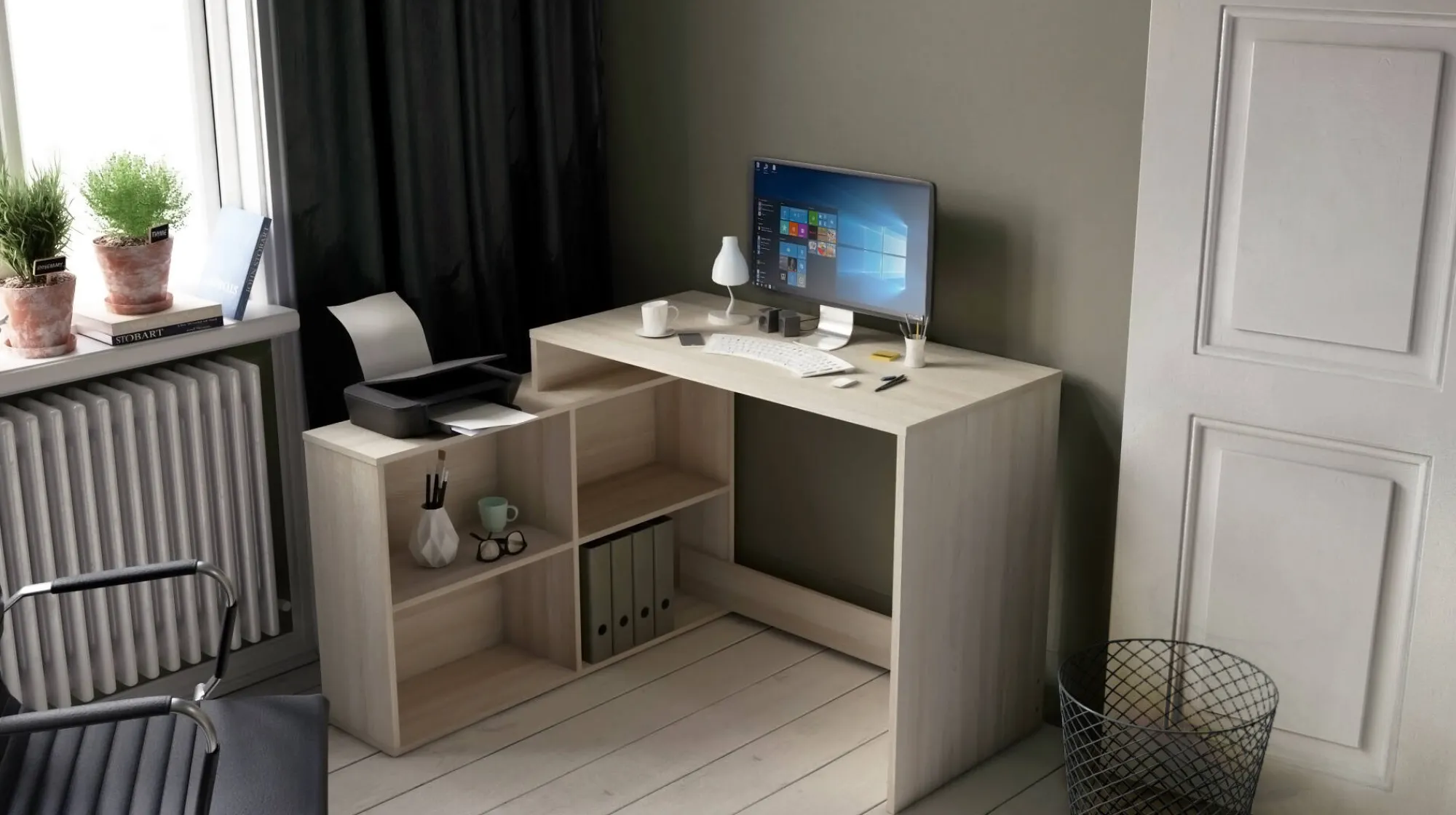 Scrivania Kyarr, 112x101 h77 cm, Rovere e Bianco<Dmora New