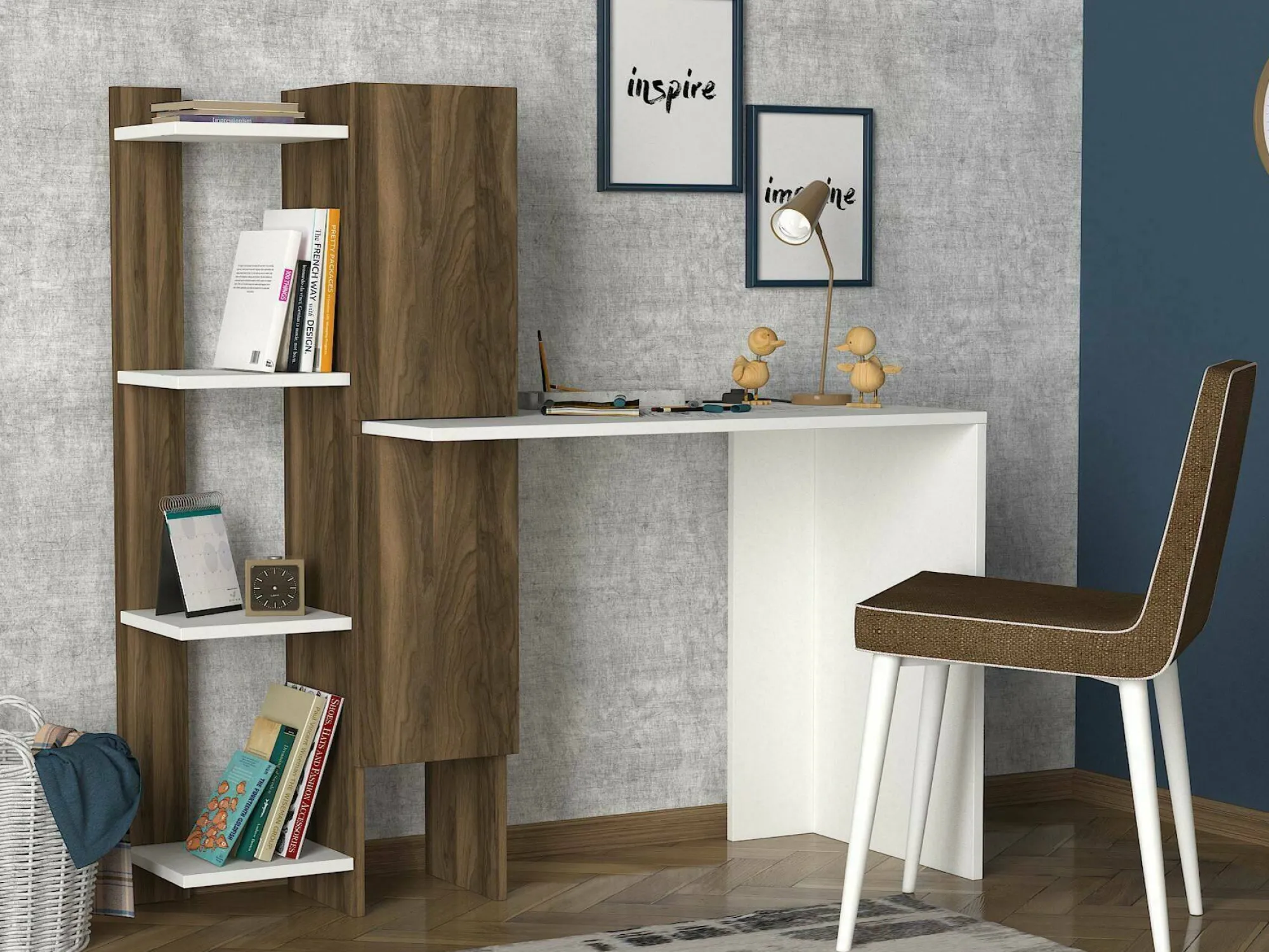 Scrivania Nanmadol, 90x45 h72 cm, Bianco e Noce<Dmora Outlet