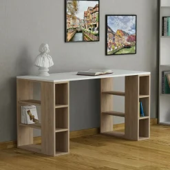 Scrivania Sulpice, 140x60 h75 cm, Bianco e Quercia<Dmora Store