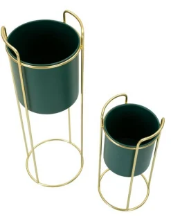 Set di 2 portavasi Rangone, 24x24 h70 cm, Verde e Oro<Dmora Cheap