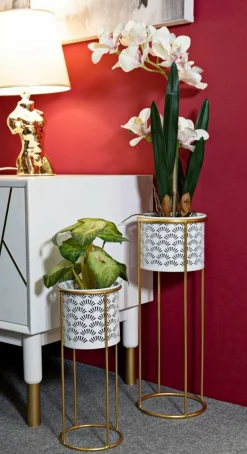 Set di 2 vasi Dore, 17x17 h46 cm, Bianco e Oro<Dmora New