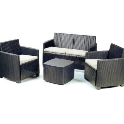 Set salotto da esterno Lecce, Set da giardino con cuscini composto da 2 poltrone, 1 divano e 1 tavolino, Salottino indoor, 100% Made in Italy,<Dmora Hot