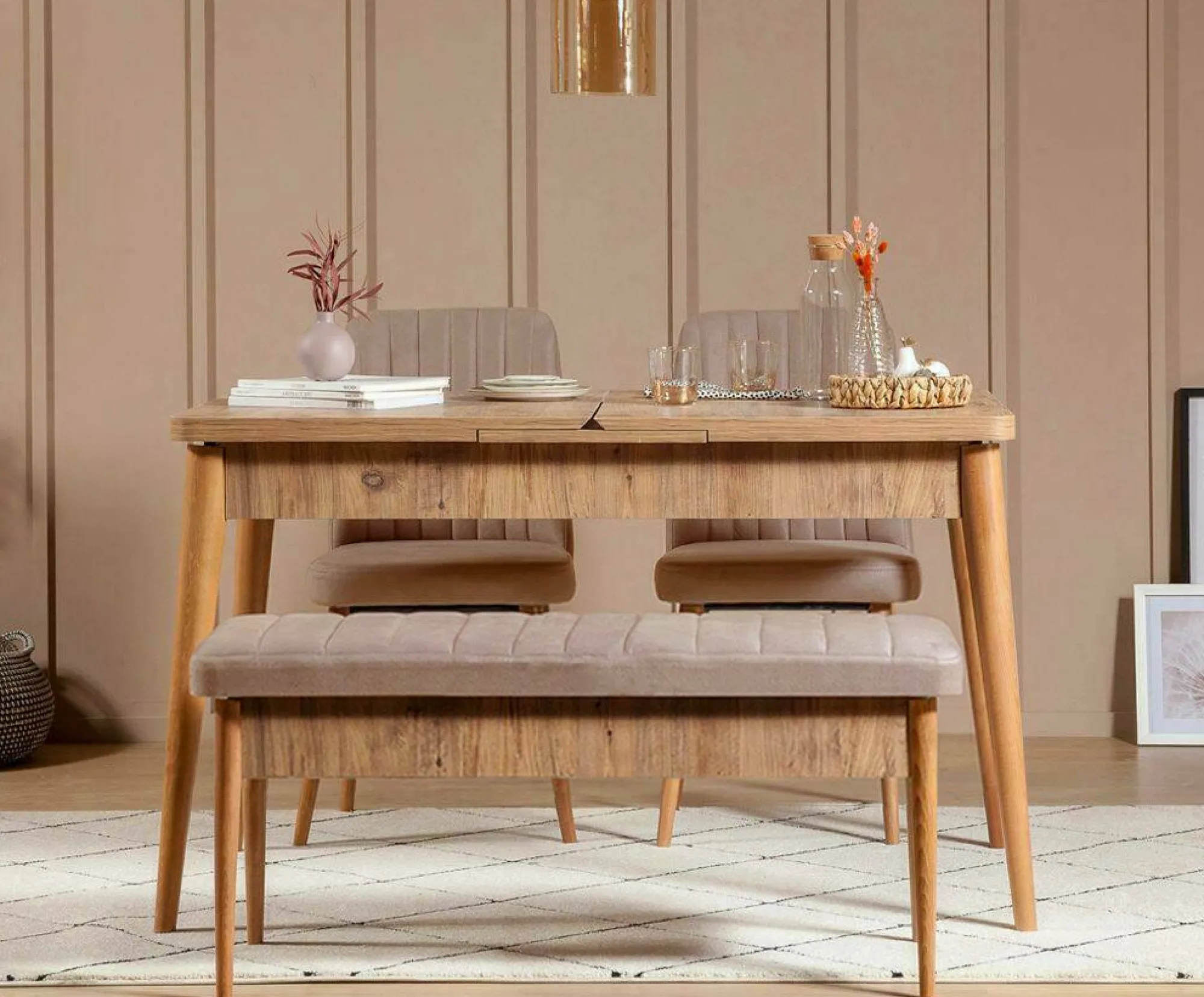 Set tavolo e sedie Dquagliat, Quercia e Cemento<Dmora Cheap
