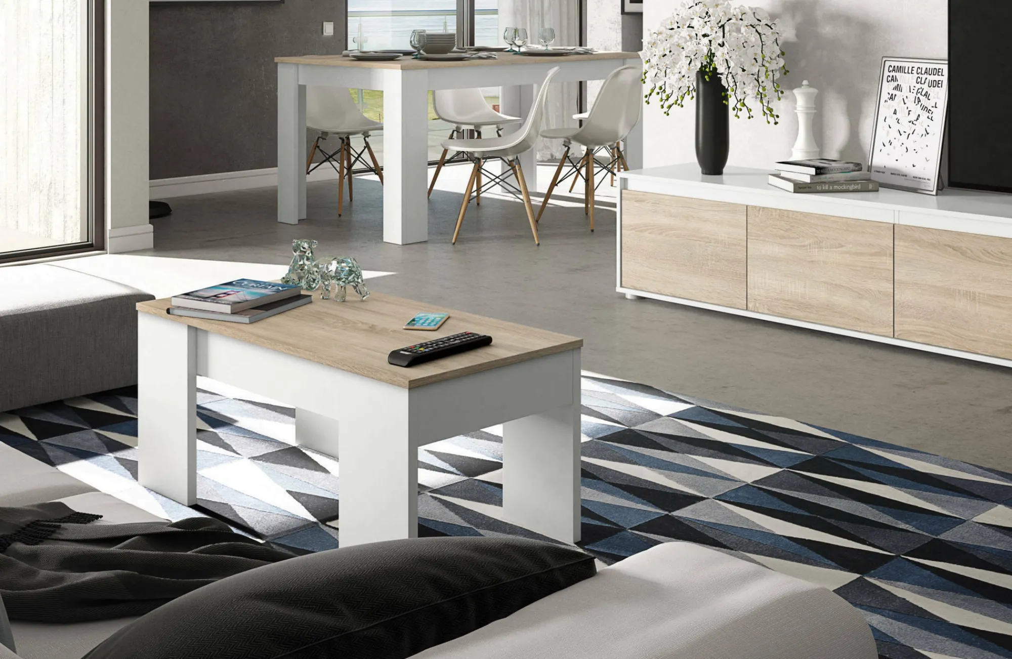 Tavolino da salotto Almas, 100x50h45/56 cm, Bianco e Rovere<Dmora Store