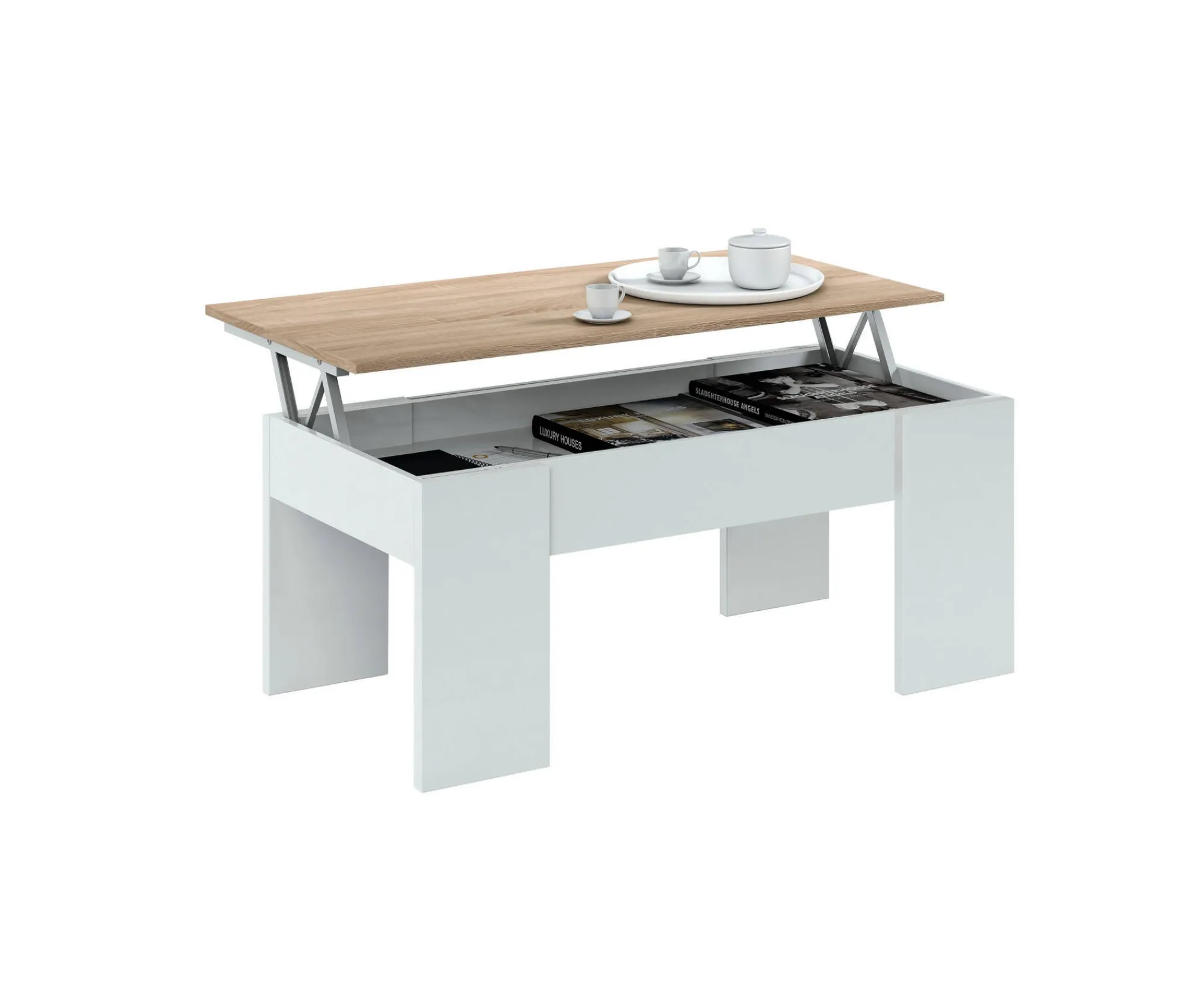 Tavolino da salotto Almas, 100x50h45/56 cm, Bianco e Rovere<Dmora Store
