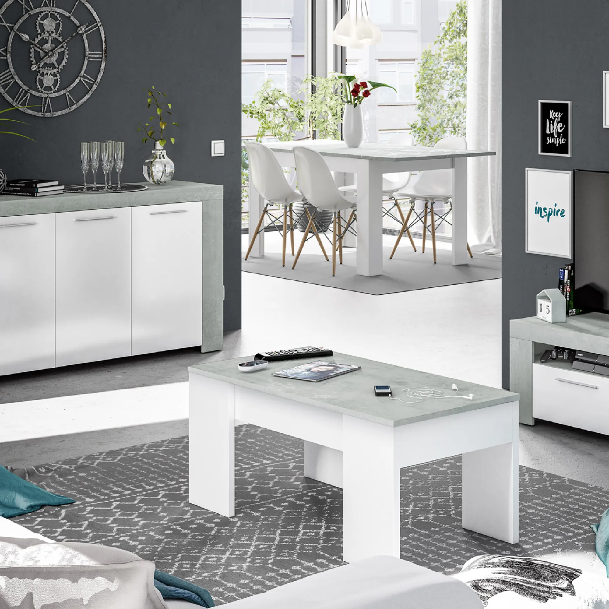 Tavolino da salotto Almas, 100x50h45/56 cm, Bianco e cemento<Dmora Best Sale