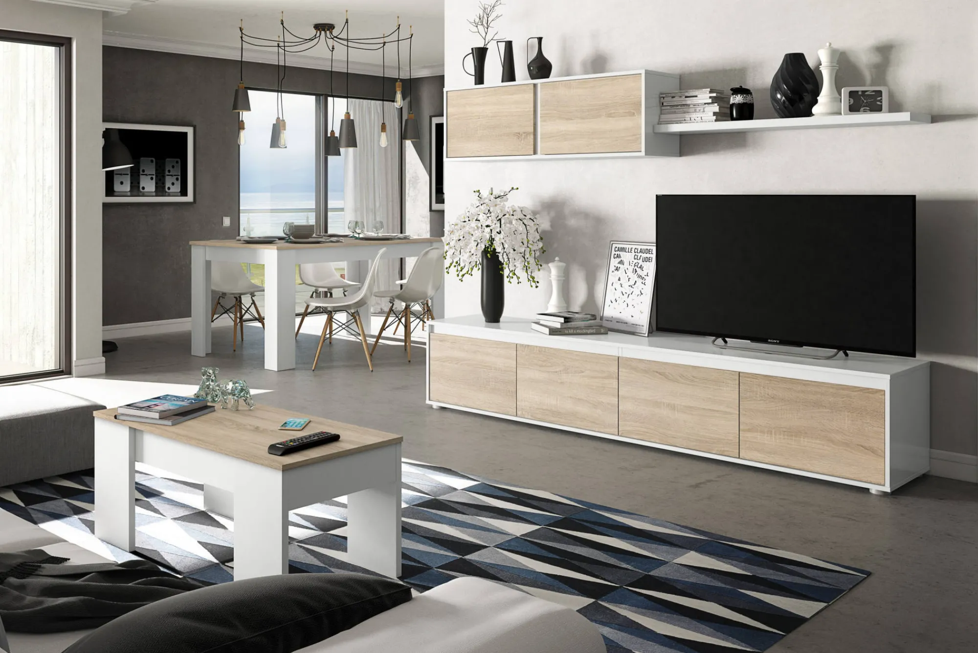 Tavolino da salotto Almas, 100x50h45/56 cm, Bianco e Rovere<Dmora Store