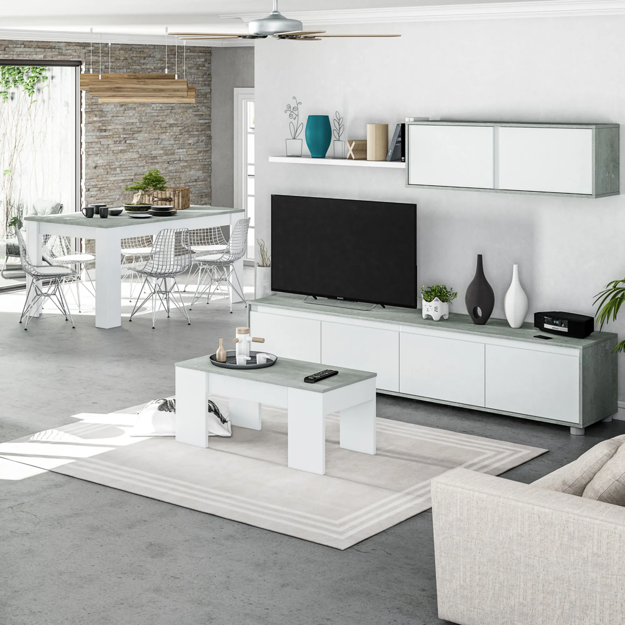 Tavolino da salotto Almas, 100x50h45/56 cm, Bianco e cemento<Dmora Best Sale
