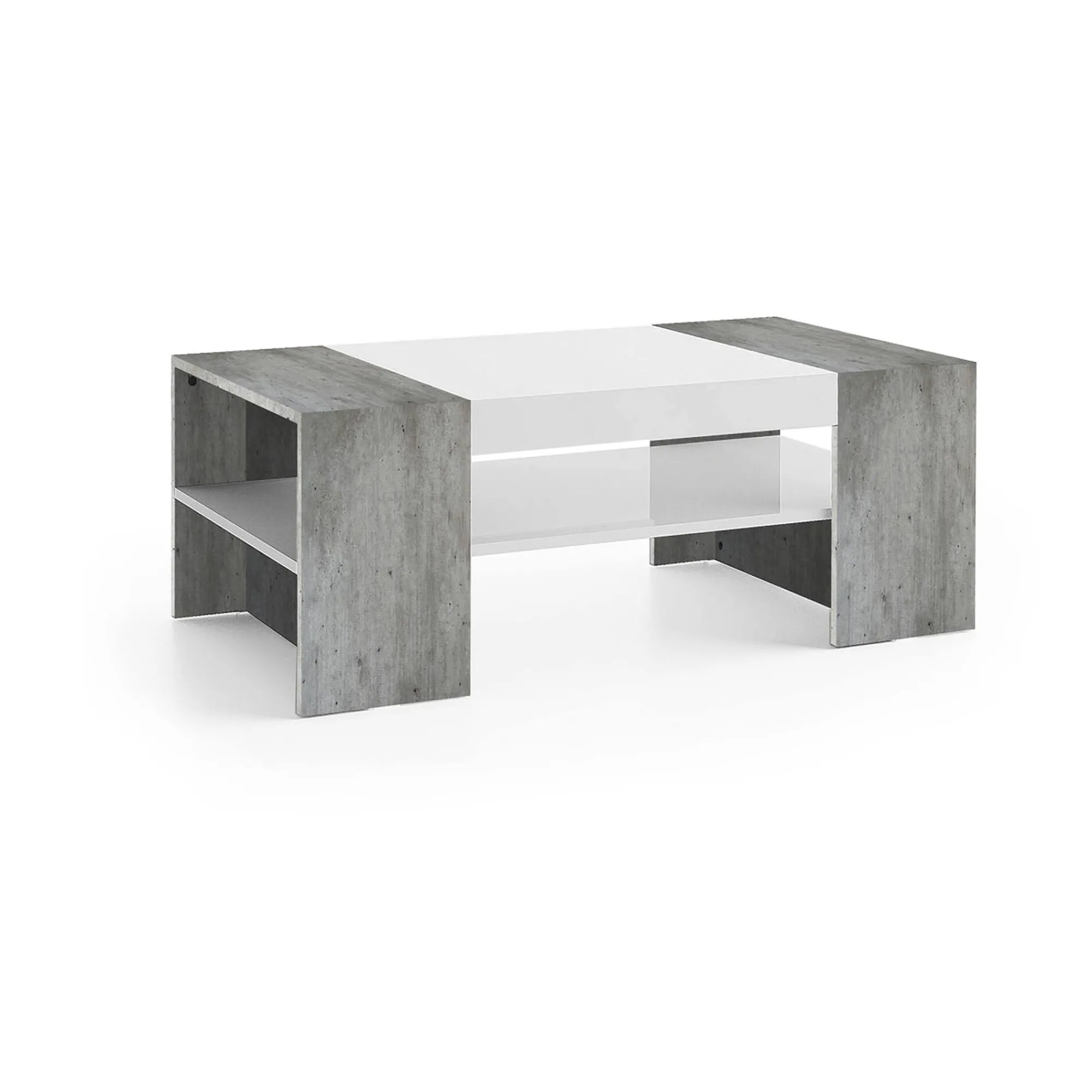 Tavolino da salotto Ashar, cm 110x60h40, Bianco lucido e Cemento<Dmora Hot