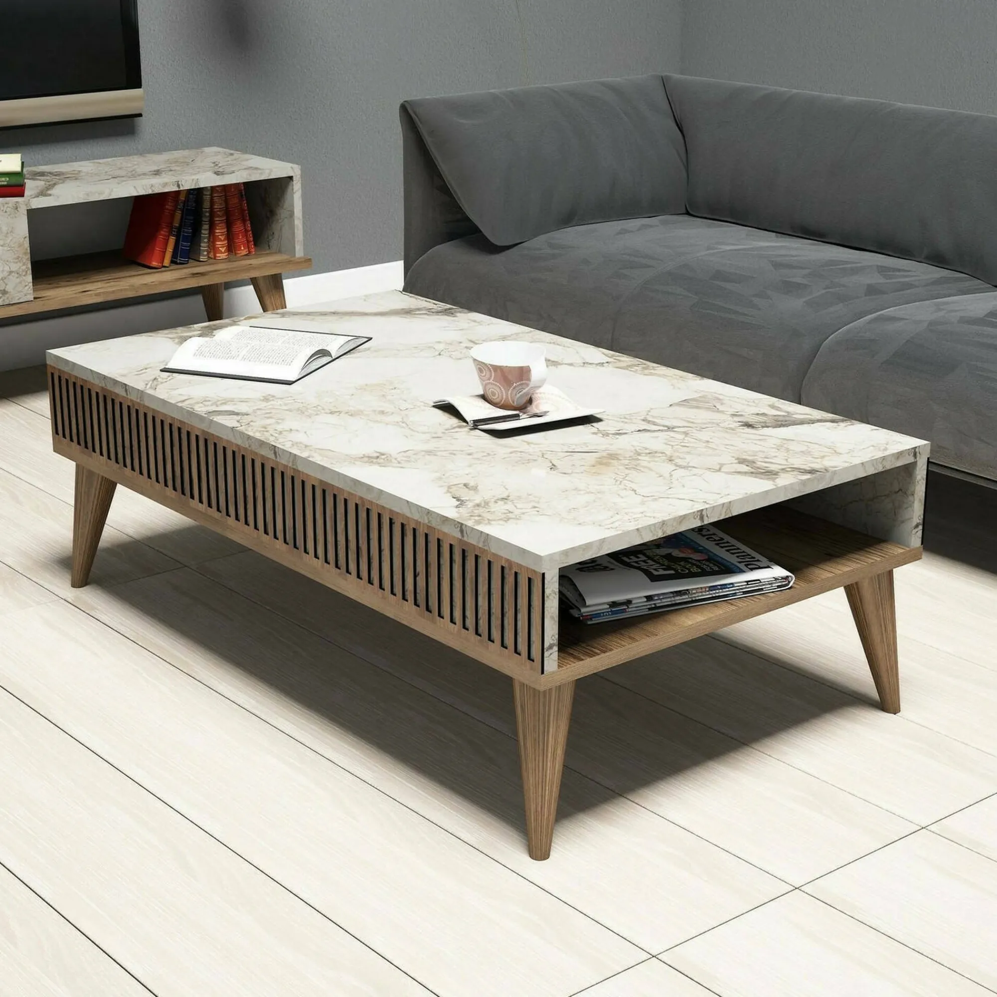 Tavolino da salotto Atrani, 105x60h35 cm, Noce e Bianco<Dmora Outlet