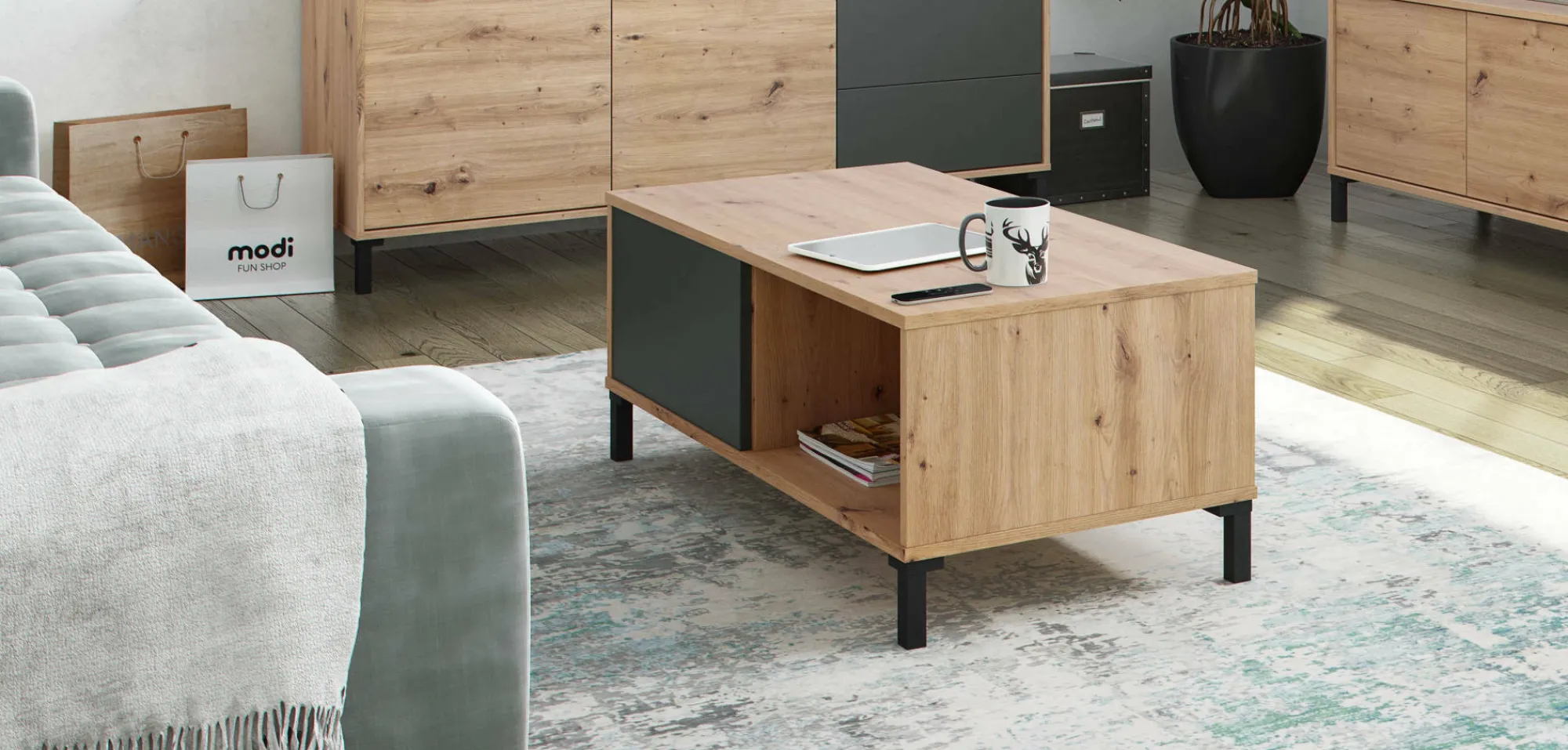Tavolino da salotto Axinia, 100x50h40 cm, Rovere nodi e Antracite<Dmora Fashion