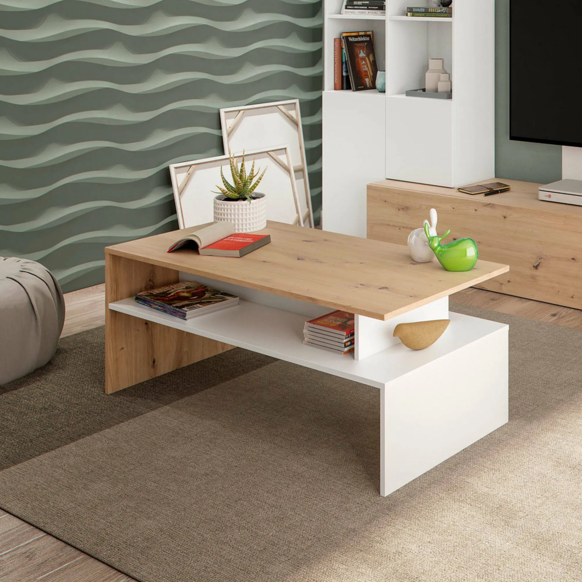 Tavolino da salotto Bartolomea, 100x50h43 cm, Rovere Nodi e Bianco lucido<Dmora Flash Sale