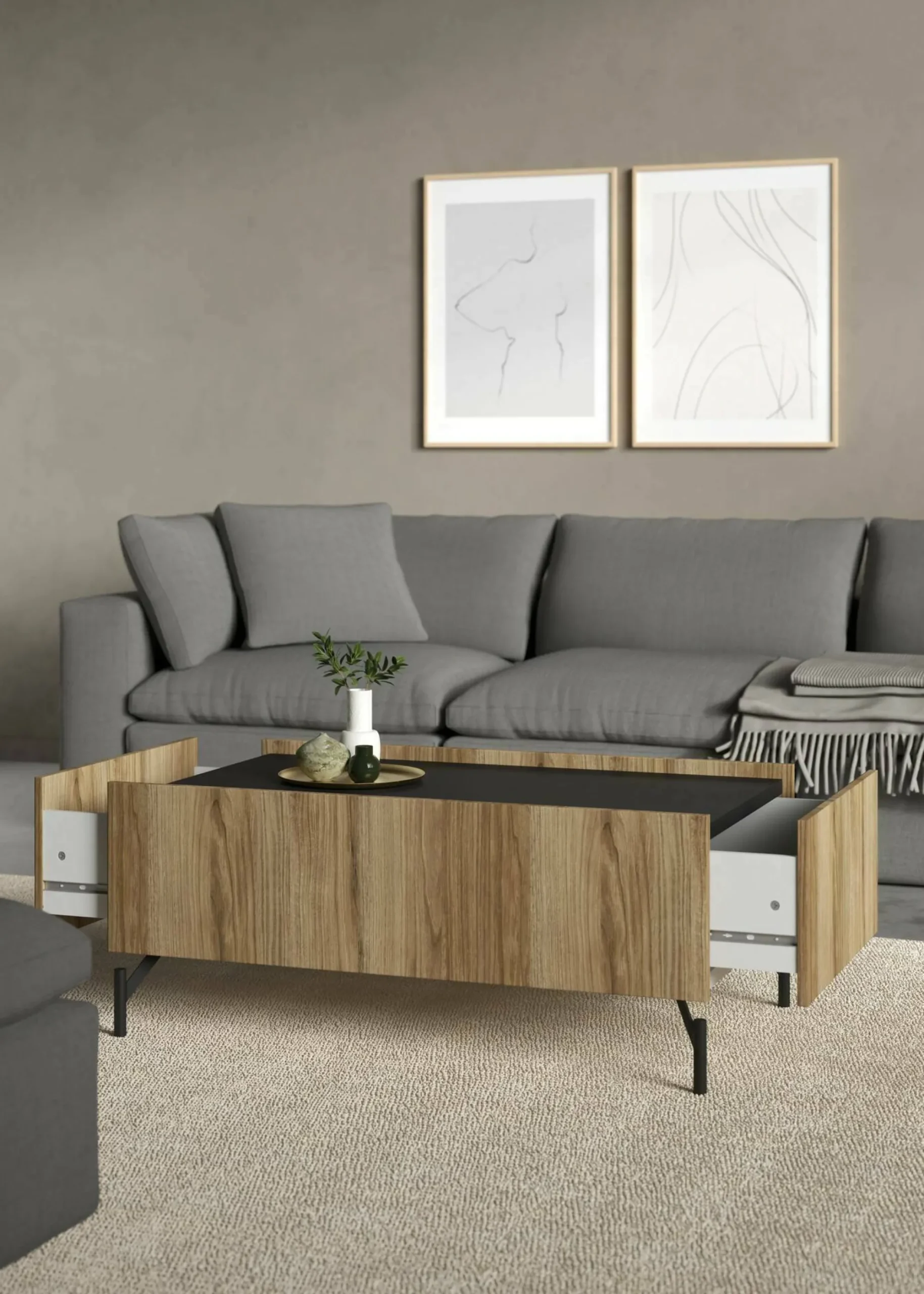 Tavolino da salotto Bijli, 60x100 h43 cm, Quercia e Nero<Dmora Shop
