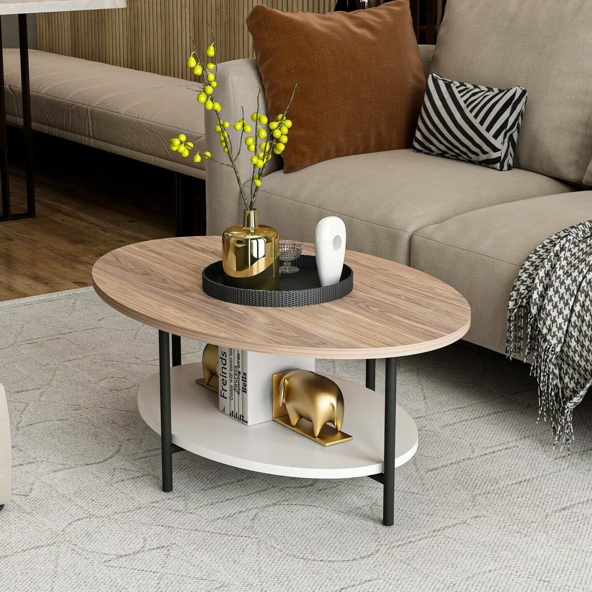Tavolino da salotto Dilingjunio, 90x60 h36 cm, Quercia e Bianco<Dmora New