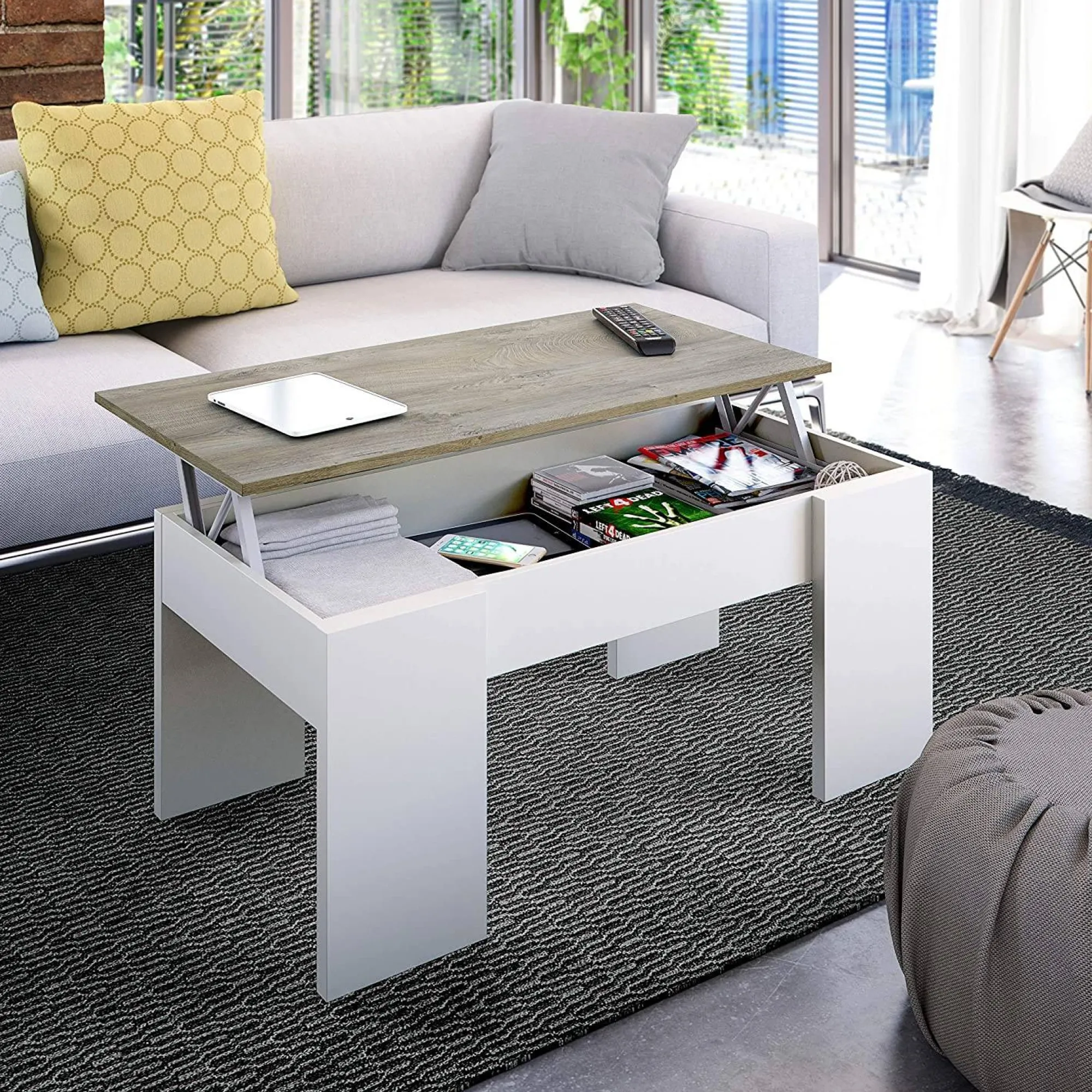 Tavolino da salotto Dleal, 100x50h45/56 cm, Bianco e Rovere Nodi<Dmora Discount
