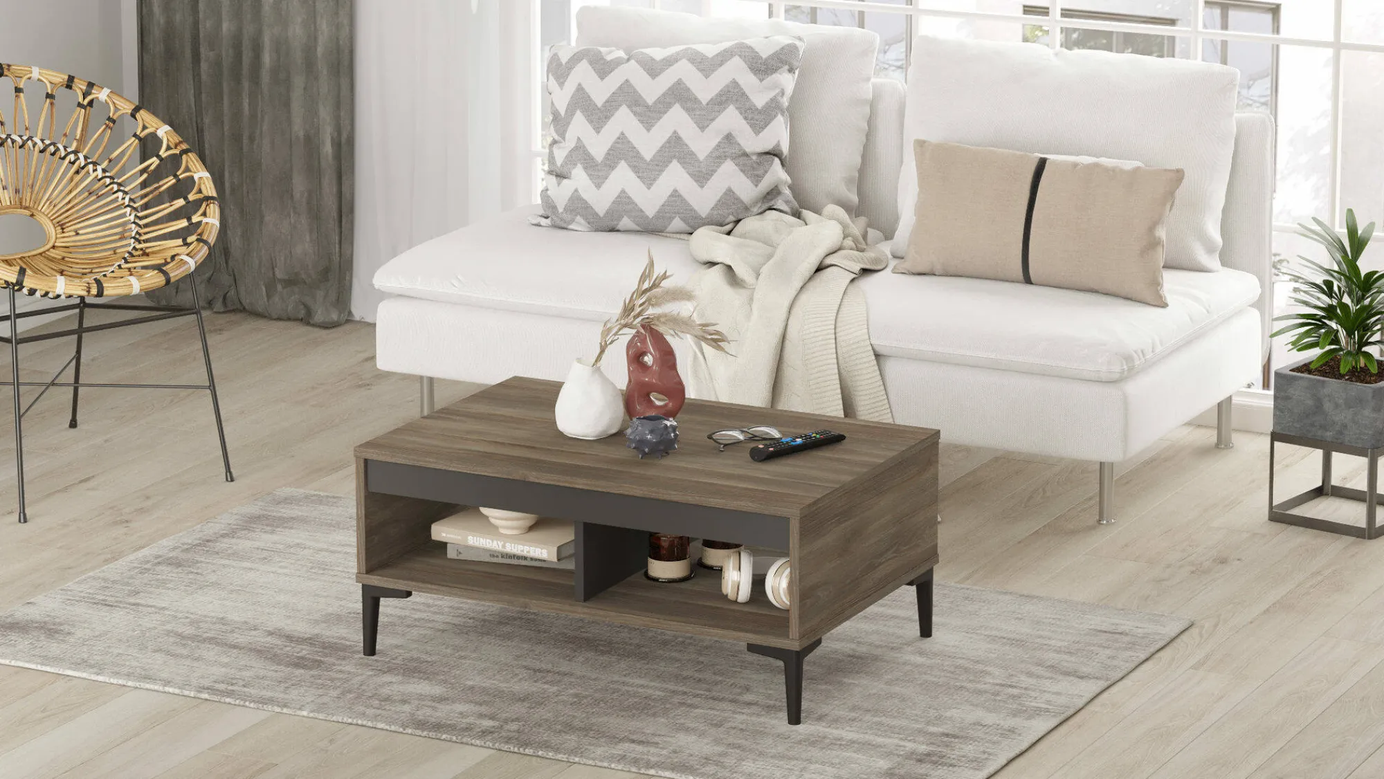 Tavolino da salotto Dmkhitarya, 90x60 h41 cm, Marrone e Antracite<Dmora Fashion