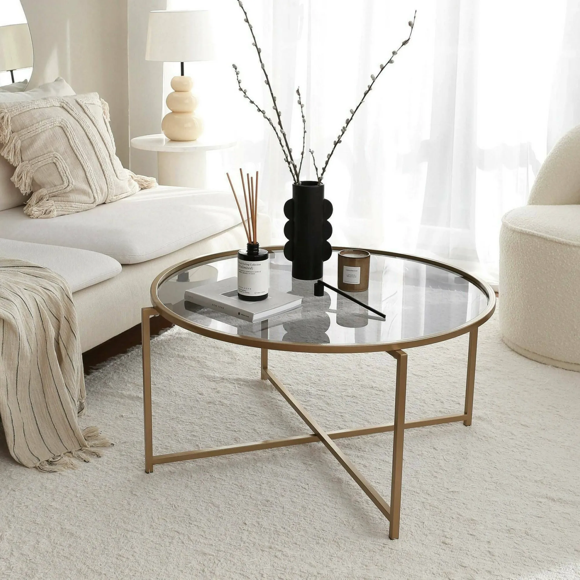 Tavolino da salotto Ecaterina, 83x83h40 cm, Oro e Tortora<Dmora Shop