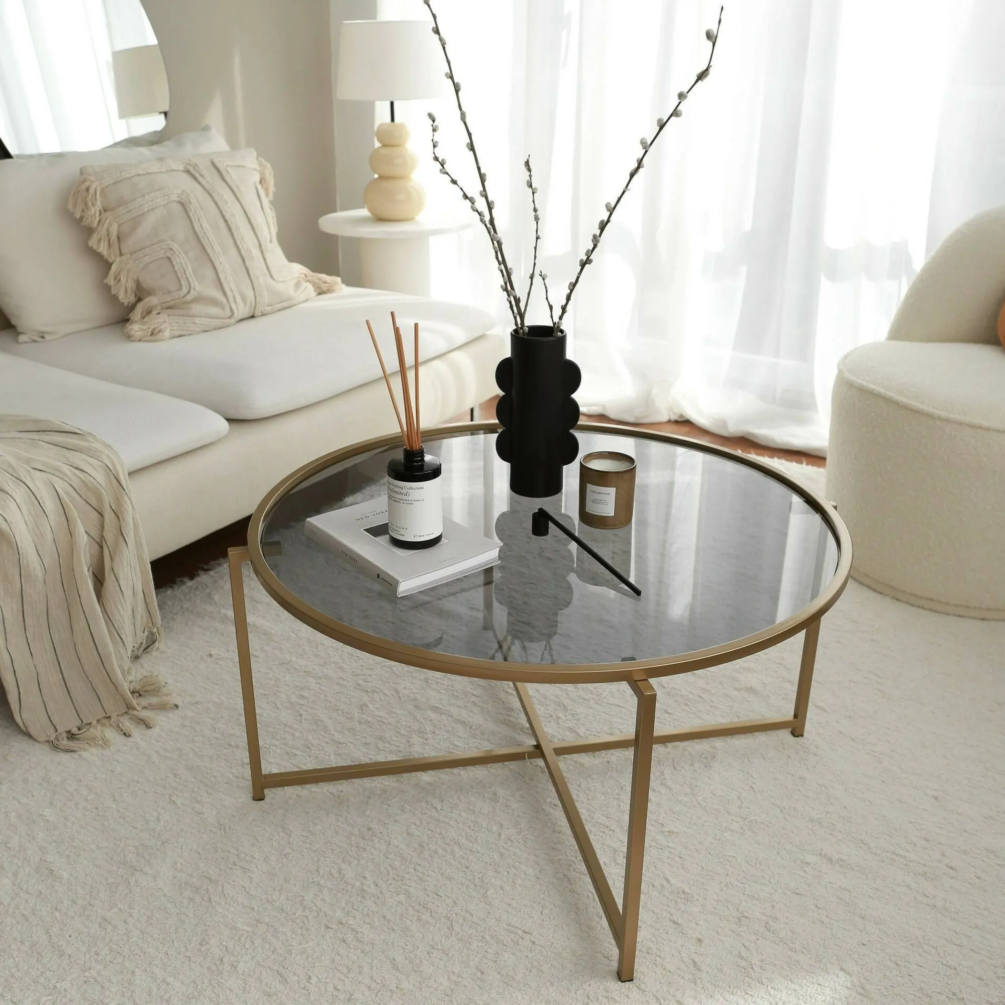 Tavolino da salotto Ecaterina, 83x83h40 cm, Oro e Tortora<Dmora Shop