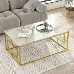 Tavolino da salotto Franca, 100x60h40 cm, Bianco Marmo e Oro<Dmora Outlet