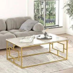 Tavolino da salotto Franca, 100x60h40 cm, Bianco Marmo e Oro<Dmora Outlet
