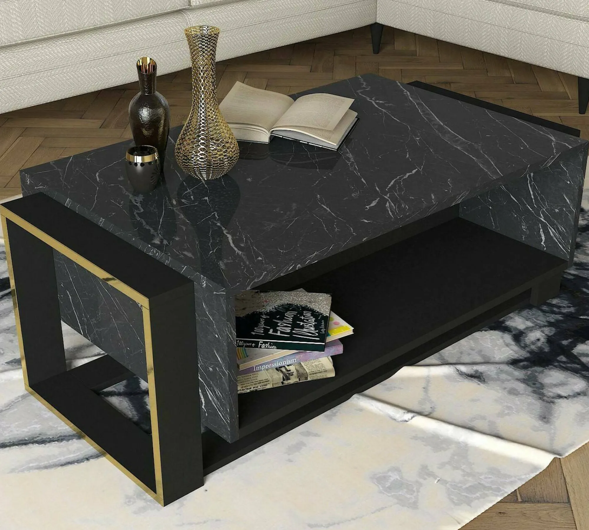 Tavolino da salotto Gigliola, 106x60h40 cm, Nero e Oro<Dmora Hot