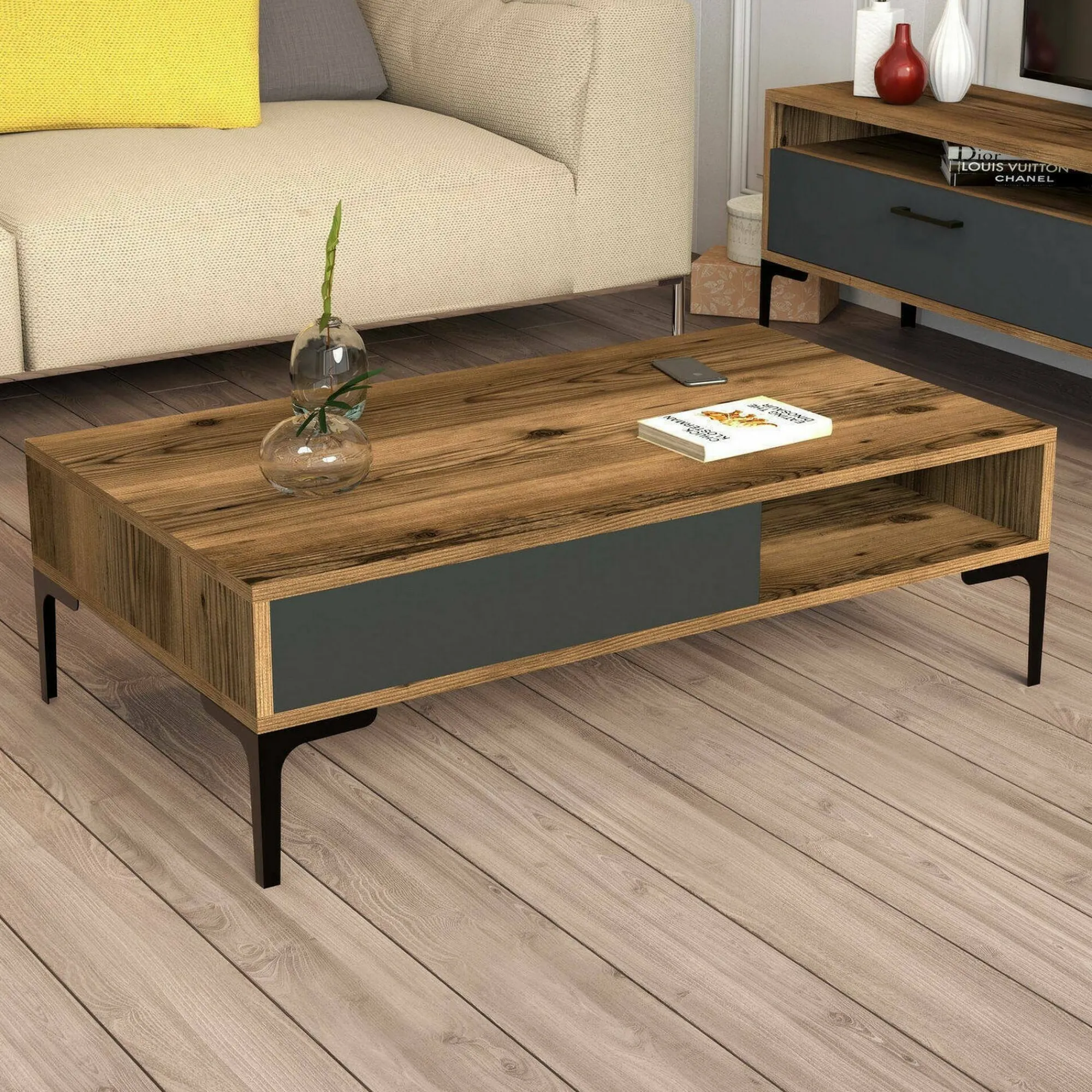 Tavolino da salotto Gru, 105x60h33 cm, Noce e Antracite<Dmora Best