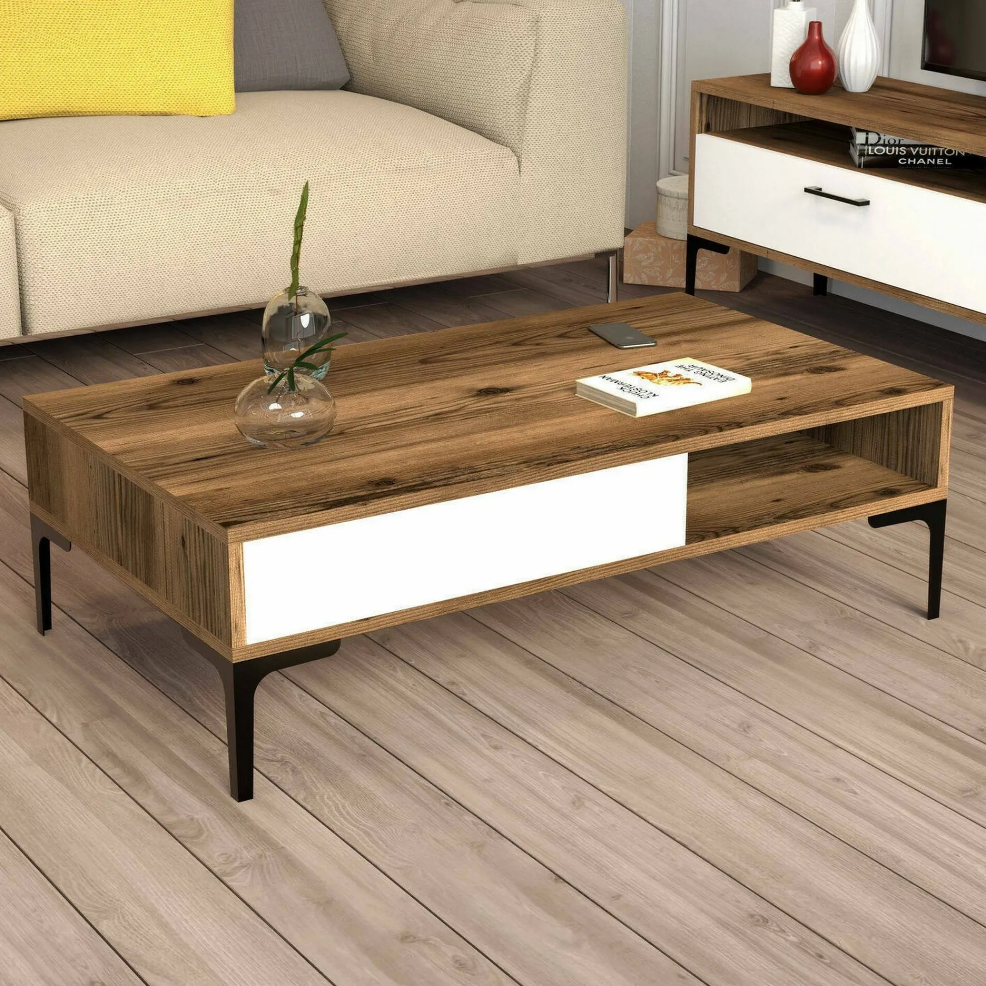 Tavolino da salotto Gru, 105x60h33 cm, Noce e Bianco<Dmora Best