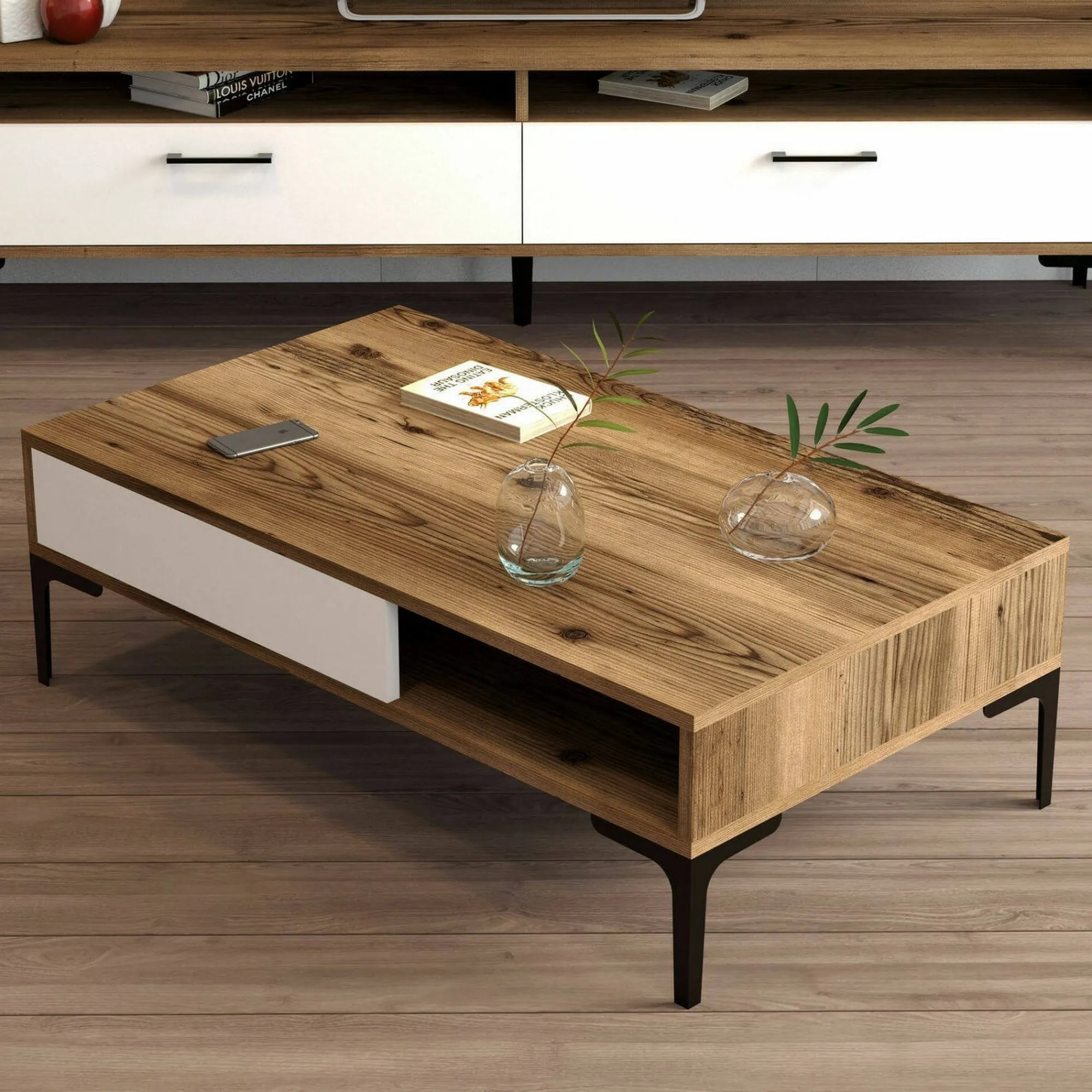 Tavolino da salotto Gru, 105x60h33 cm, Noce e Bianco<Dmora Best