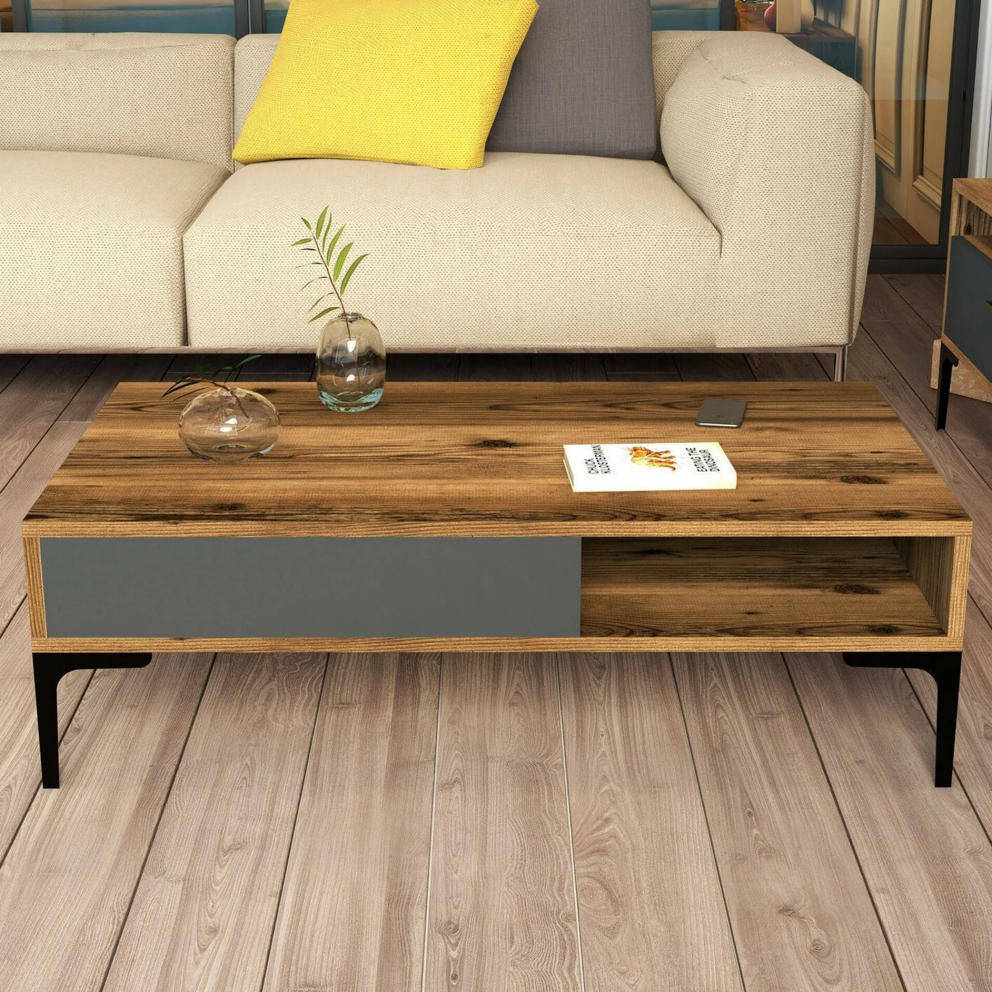 Tavolino da salotto Gru, 105x60h33 cm, Noce e Antracite<Dmora Best