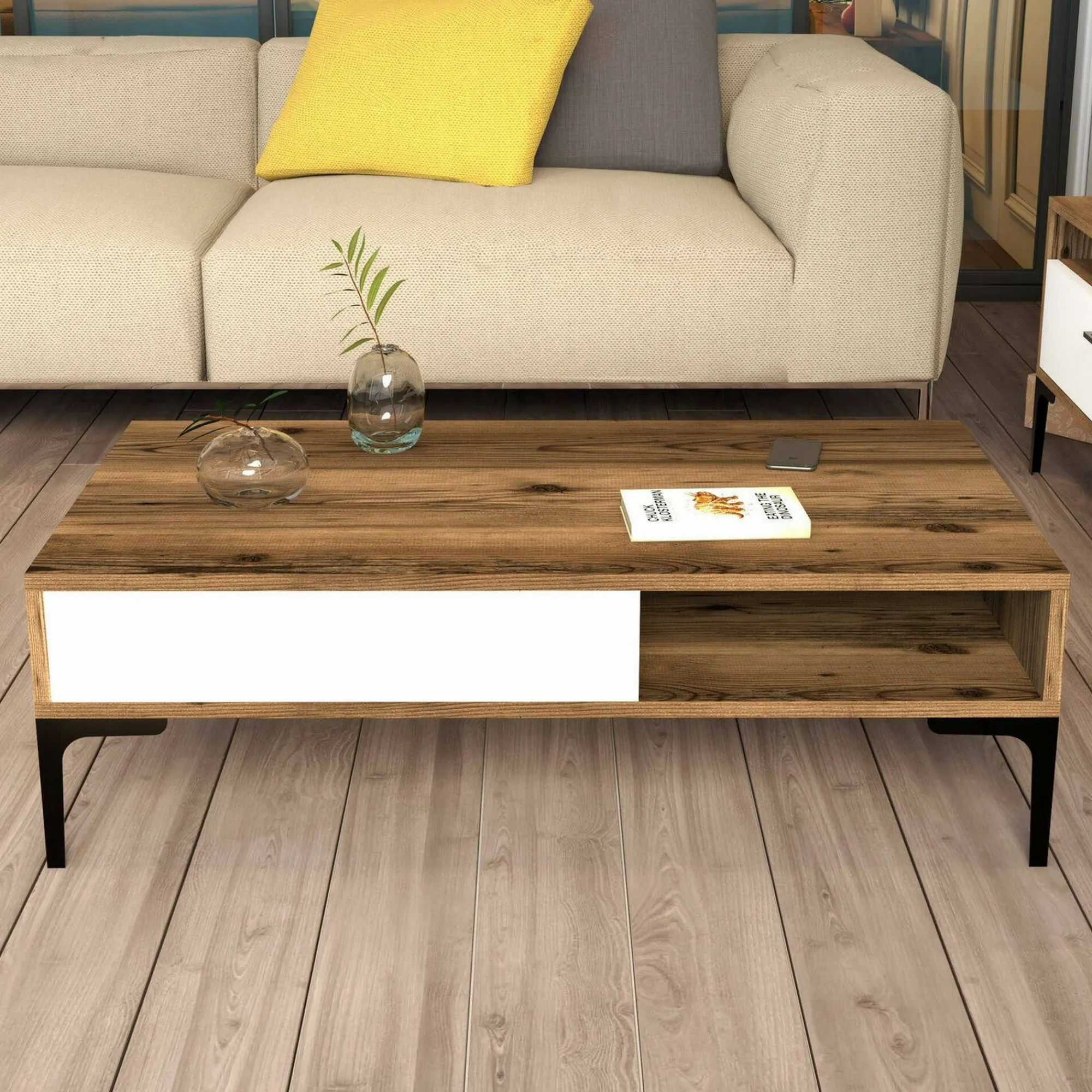Tavolino da salotto Gru, 105x60h33 cm, Noce e Bianco<Dmora Best