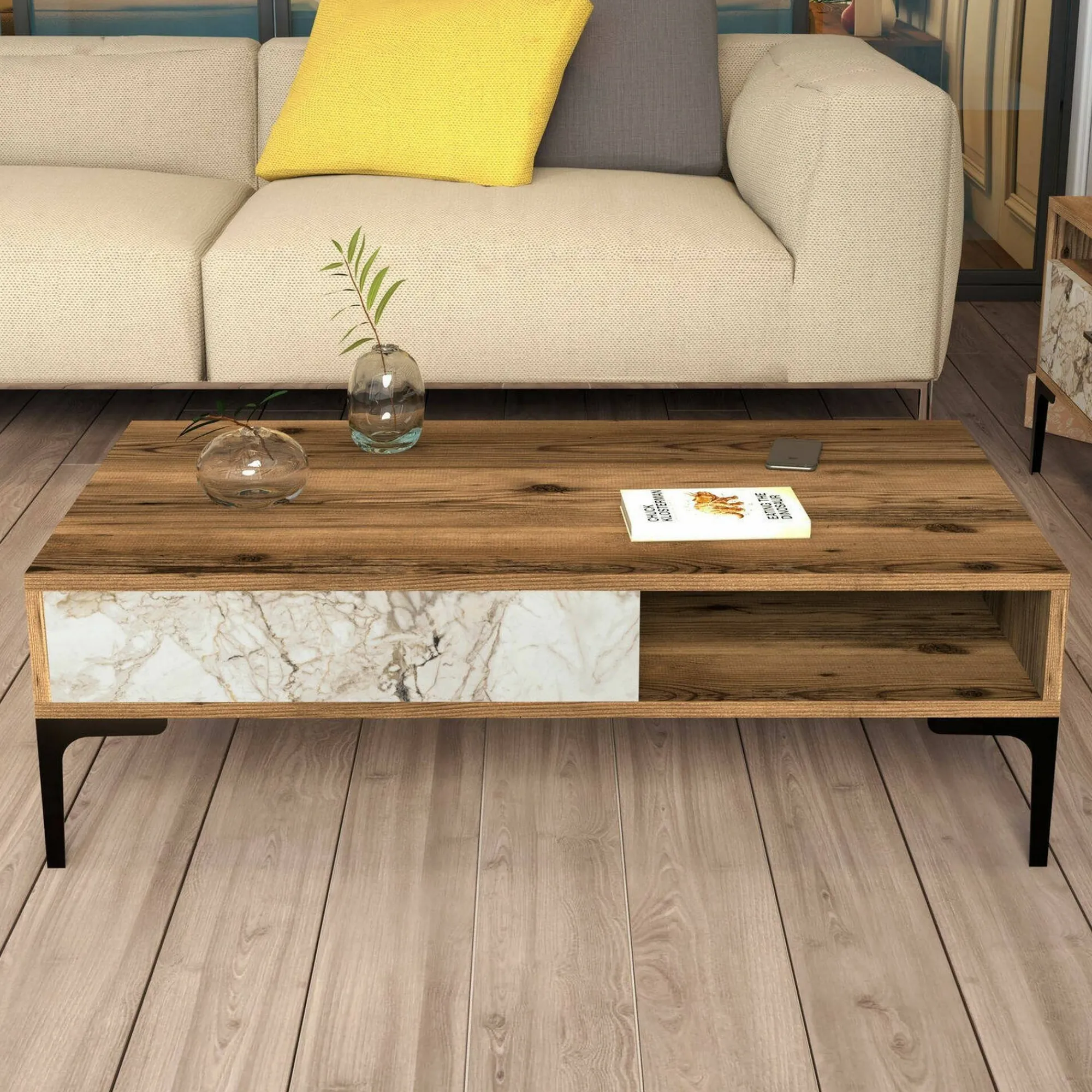 Tavolino da salotto Gru, 105x60h33 cm, Noce e Bianco<Dmora Hot