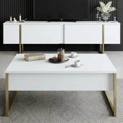 Tavolino da salotto Lavinia, 90x60h40 cm, Bianco e Oro<Dmora New