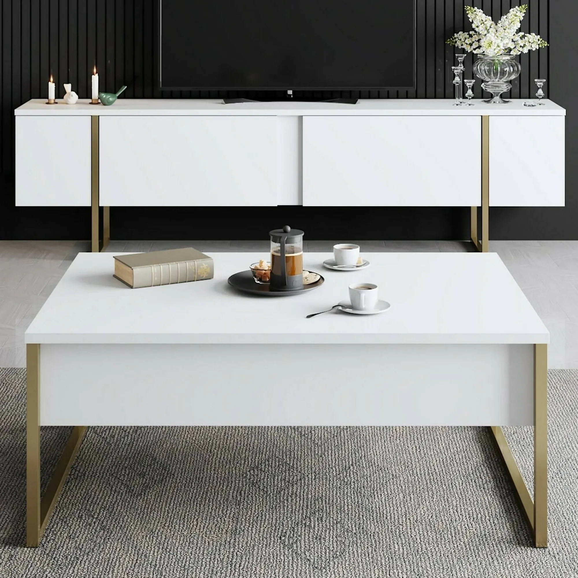 Tavolino da salotto Lavinia, 90x60h40 cm, Bianco e Oro<Dmora New