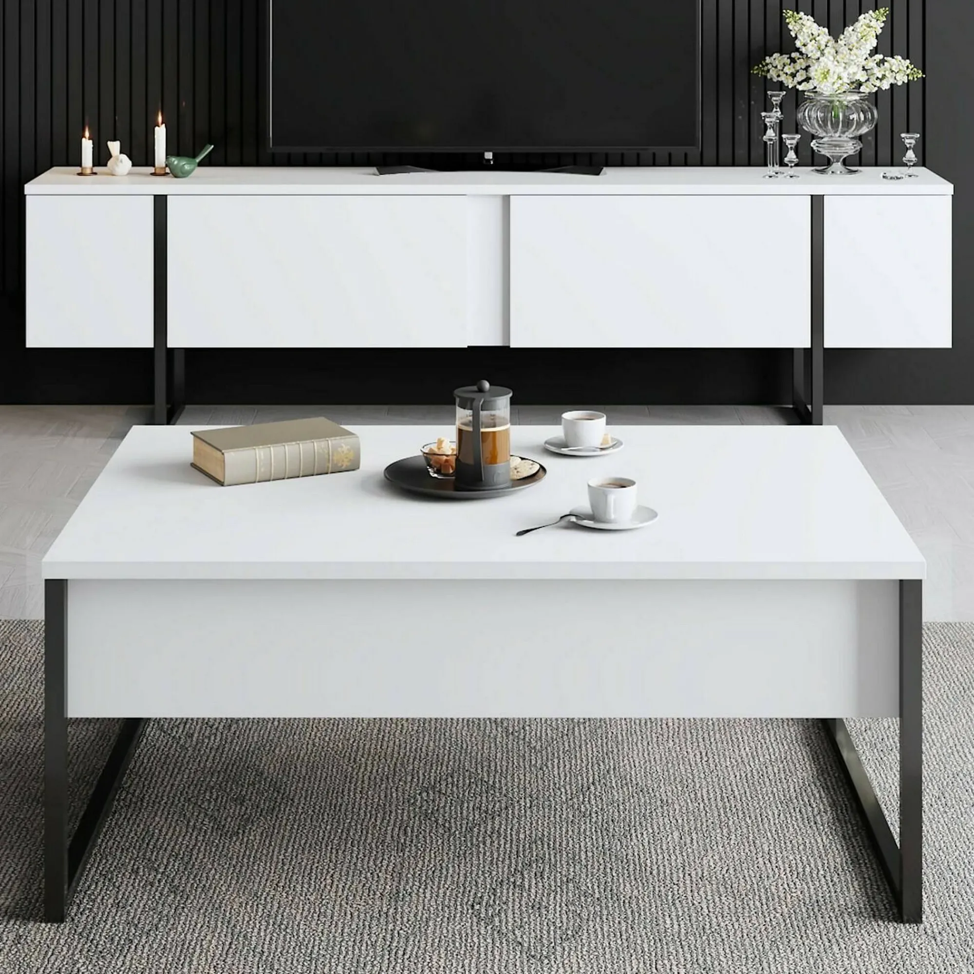 Tavolino da salotto Lavinia, 90x60h40 cm, Bianco e Nero<Dmora Clearance