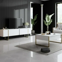 Tavolino da salotto Lavinia, 90x60h40 cm, Bianco e Oro<Dmora New