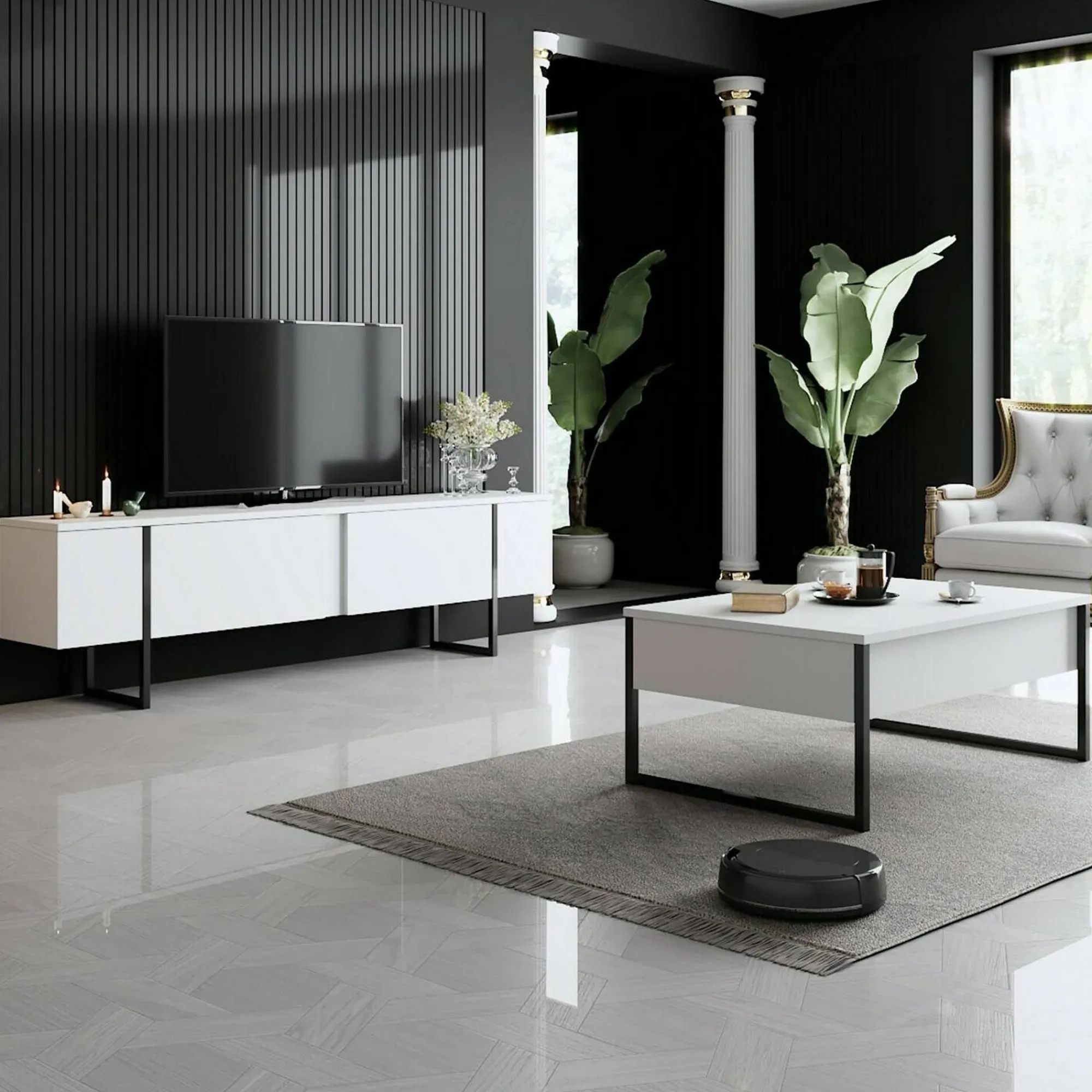 Tavolino da salotto Lavinia, 90x60h40 cm, Bianco e Nero<Dmora Clearance