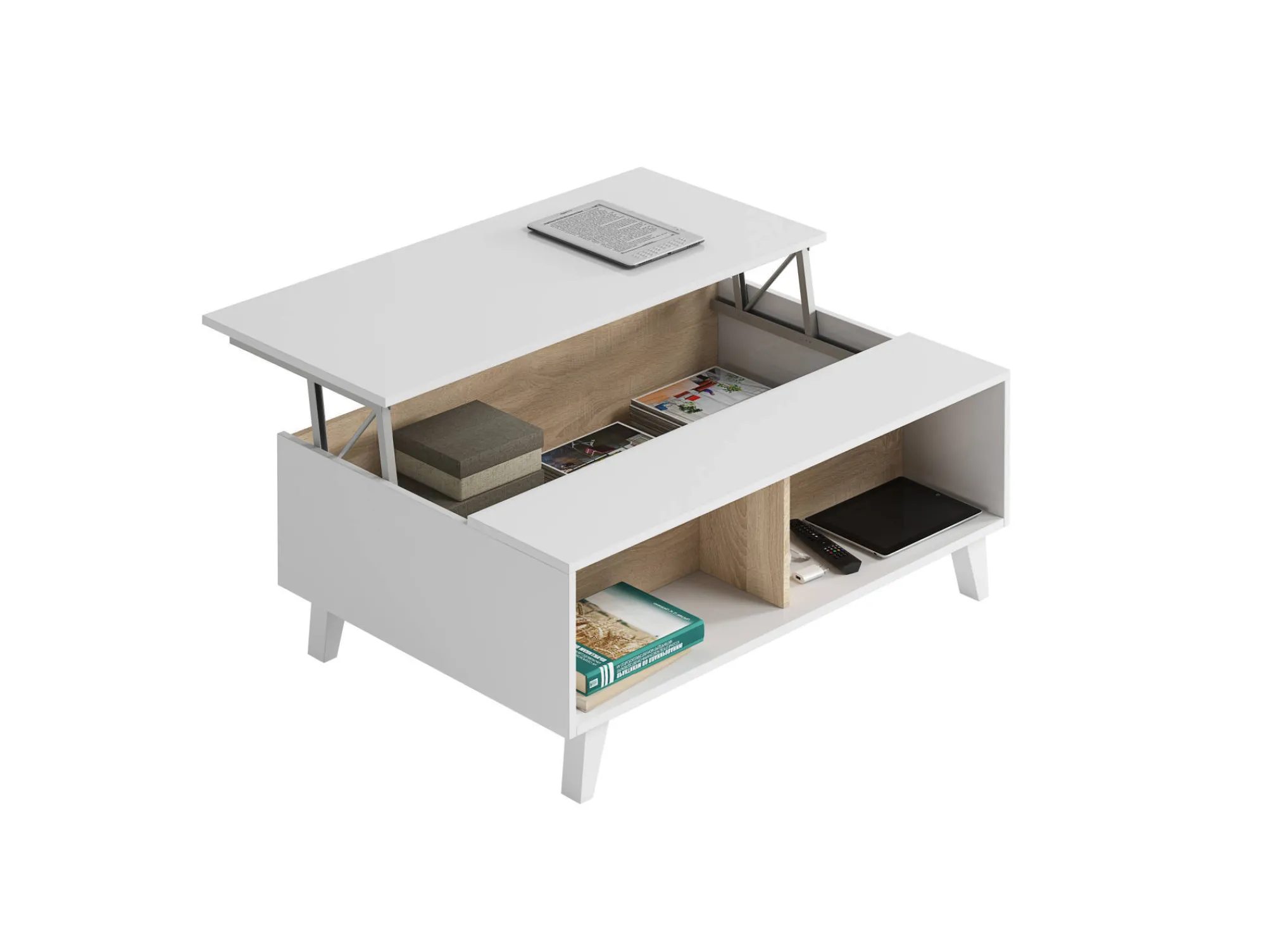 Tavolino da salotto Parche, 100x68h38 cm, Bianco lucido e Rovere<Dmora Fashion