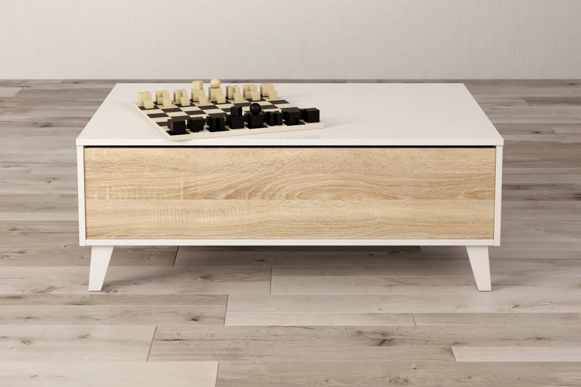 Tavolino da salotto Parche, 100x68h38 cm, Bianco lucido e Rovere<Dmora Fashion