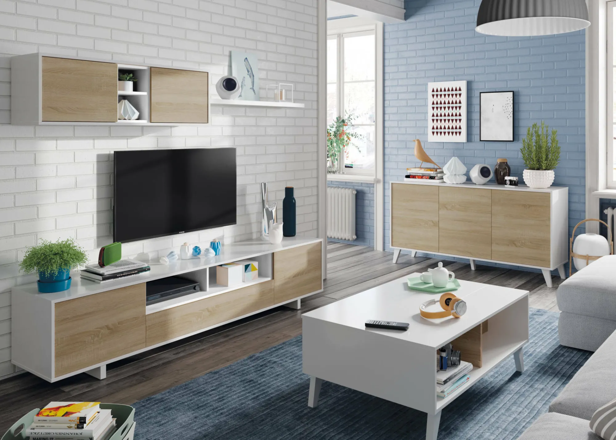 Tavolino da salotto Parche, 100x68h38 cm, Bianco lucido e Rovere<Dmora Fashion