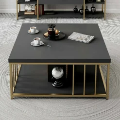 Tavolino da salotto Raiden, 90x90h40 cm, Antracite e Oro<Dmora Best