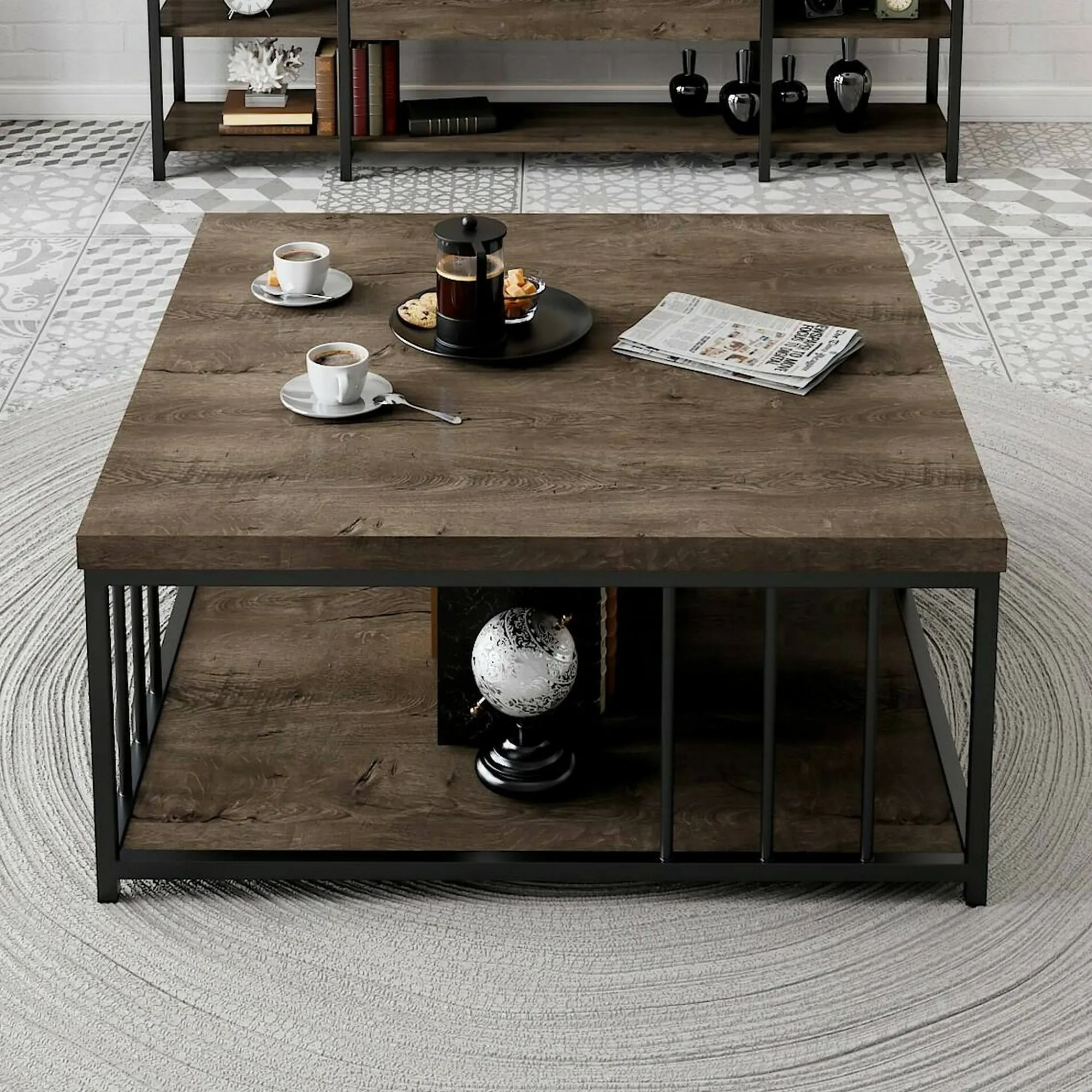 Tavolino da salotto Raiden, 90x90h40 cm, Noce e Nero<Dmora Outlet